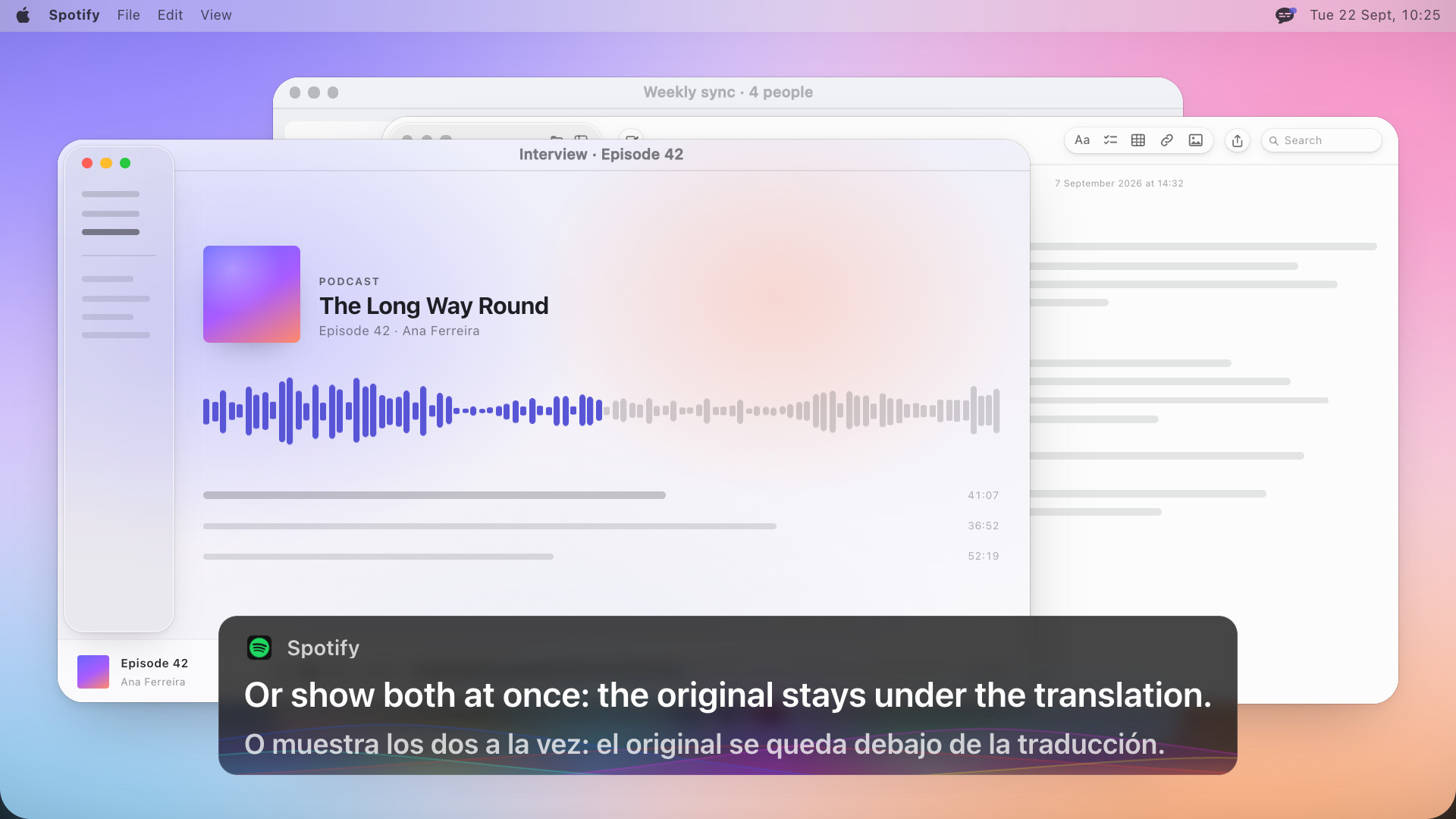 A podcast player with the caption box showing two languages: Or show both at once: the original stays under the translation, and under it the Spanish it was said in: O muestra los dos a la vez: el original se queda debajo de la traducción