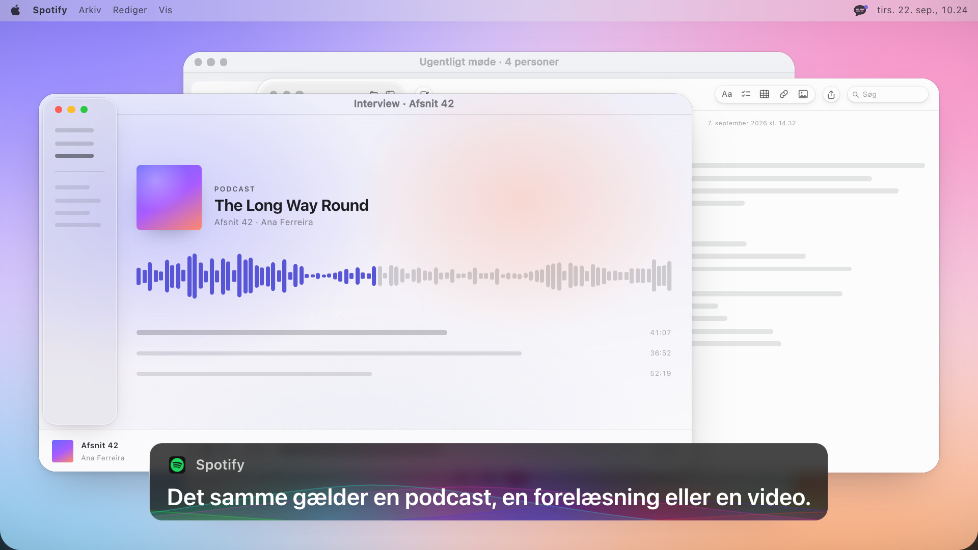 En podcastafspiller med en lydkurve og undertekstboksen med teksten: Det samme gælder en podcast, en forelæsning eller en video