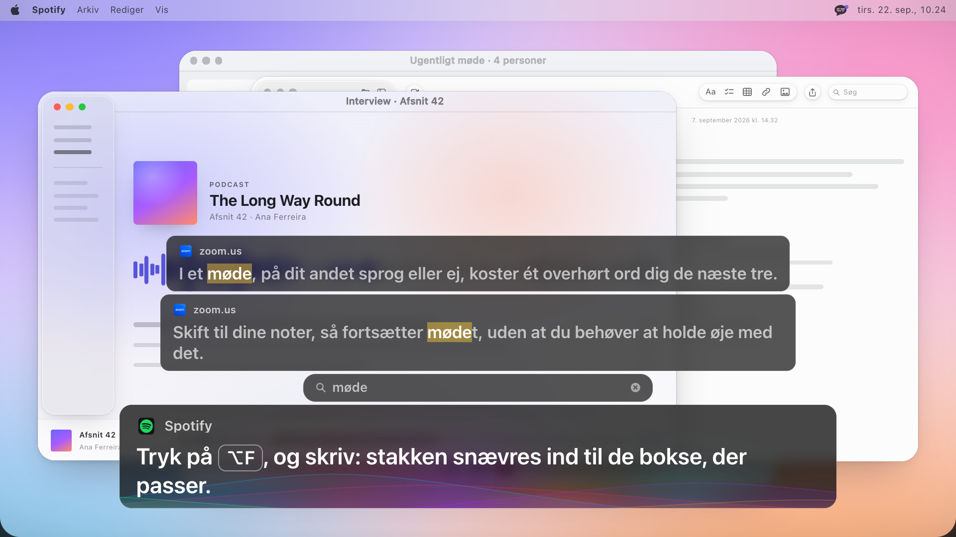 To undertekstbokse med ordet møde fremhævet i hver, et søgefelt med møde under dem og en linje nedenfor med teksten: Tryk på Alternativ-F, og skriv: stakken snævres ind til de bokse, der passer