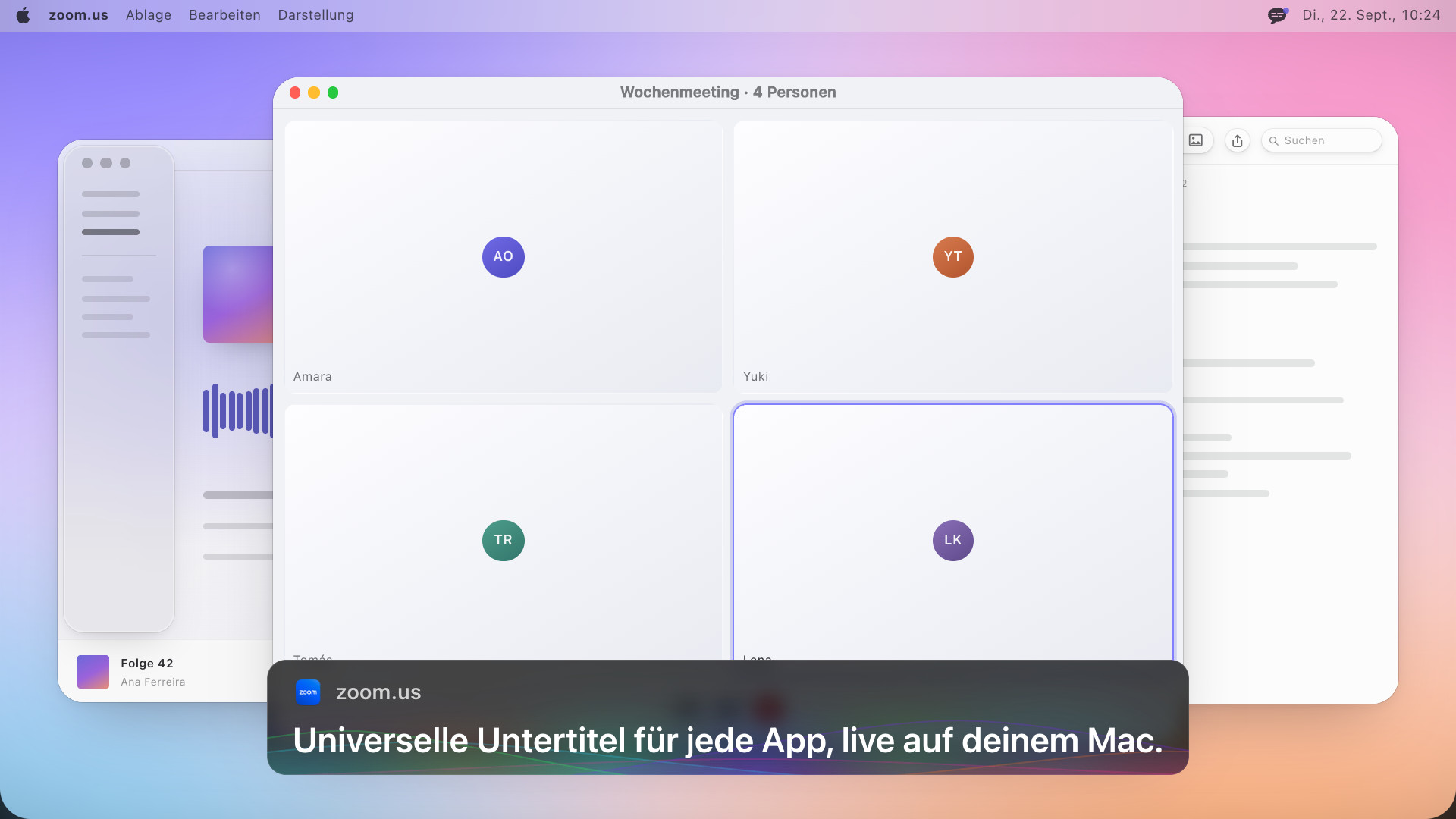 Ein Videocall mit vier Personen und darunter ein Untertitelfeld mit dem englischen Text: Universal subtitles for any app, live on your Mac