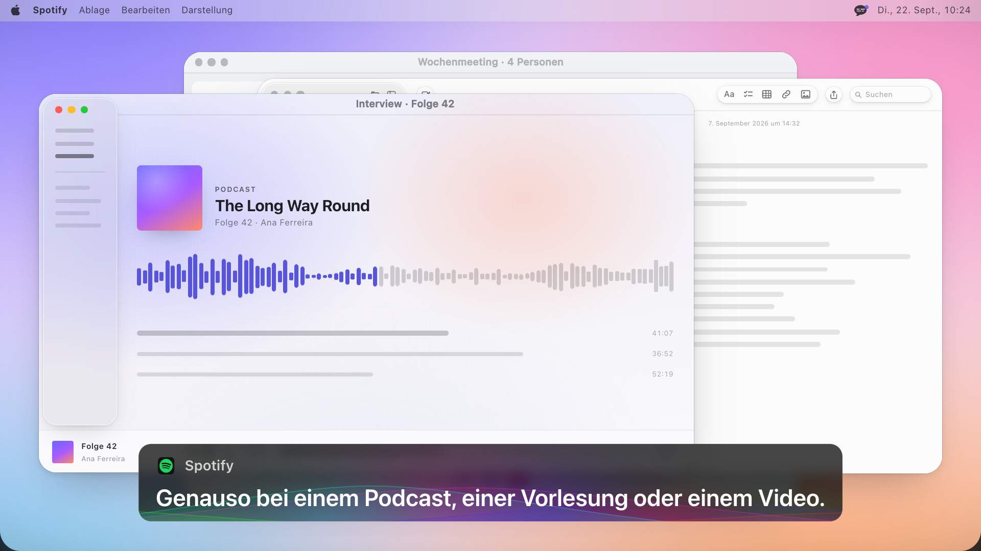 Ein Podcast-Player mit einer Wellenform und ein Untertitelfeld mit dem englischen Text: The same for a podcast, a lecture, or a video