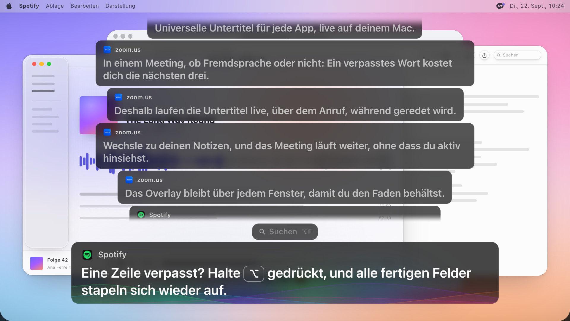 Vier frühere Untertitelfelder über dem aktuellen gestapelt, das oberste verblasst, das neueste mit dem englischen Text: Missed a line? Hold Option to rewind: every caption that closed stacks back up