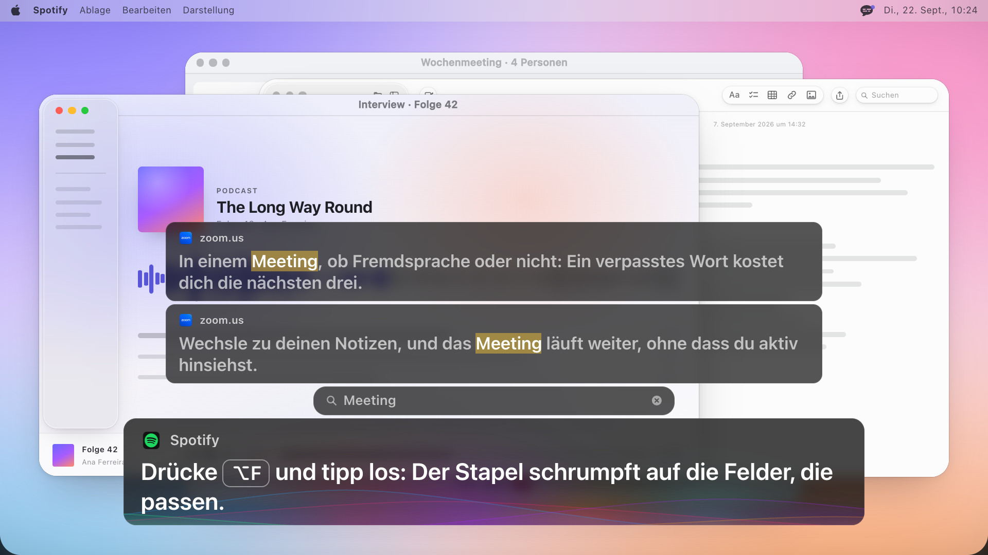 Zwei Untertitelfelder, in denen jeweils das Wort meeting hervorgehoben ist, darunter ein Suchfeld mit dem Wort meeting und ganz unten eine Zeile mit dem englischen Text: Press Option F and type: the stack narrows to the boxes that match