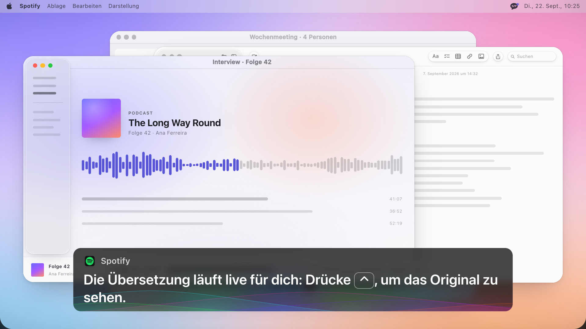 Ein Podcast-Player mit einem Untertitelfeld mit dem englischen Text: The translation runs live for you: press Control to reveal the original