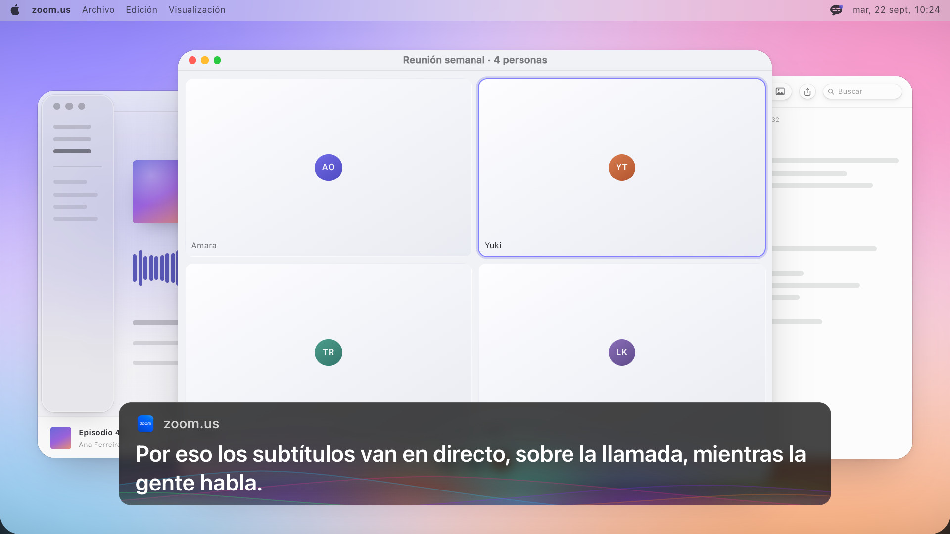 Una videollamada de cuatro personas con un recuadro de subtítulos debajo que dice, en inglés: So the captions run live, over the call, while people are talking