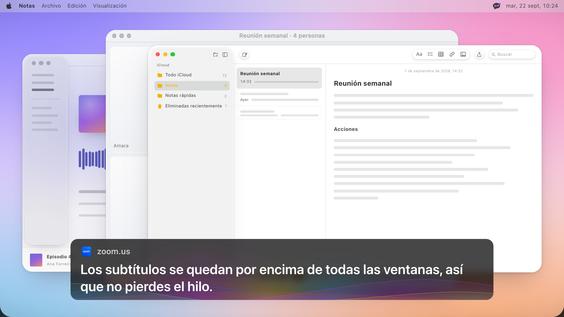 La app Notas delante de una videollamada, con un recuadro de subtítulos encima de ambas que dice, en inglés: The overlay stays above every window, so you keep the thread