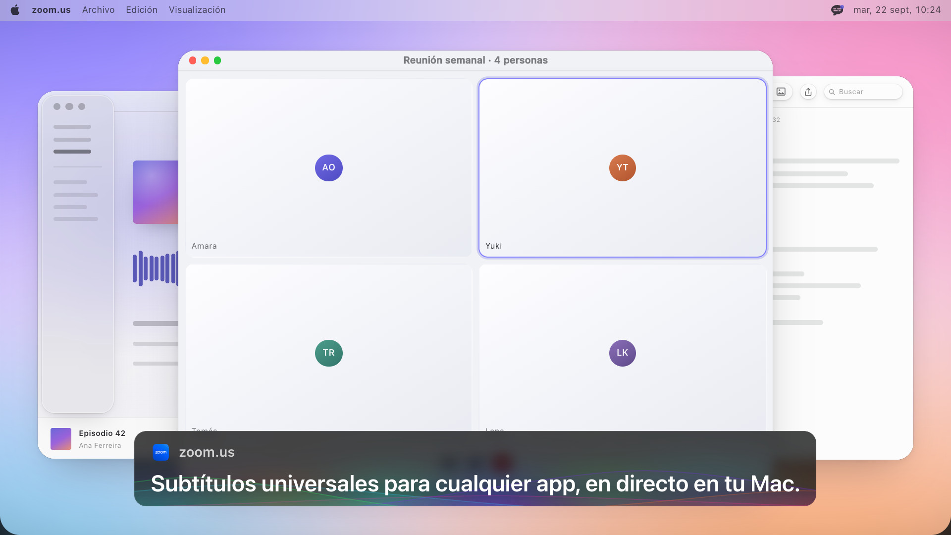 Una videollamada de cuatro personas con un recuadro de subtítulos debajo que dice, en inglés: Universal subtitles for any app, live on your Mac