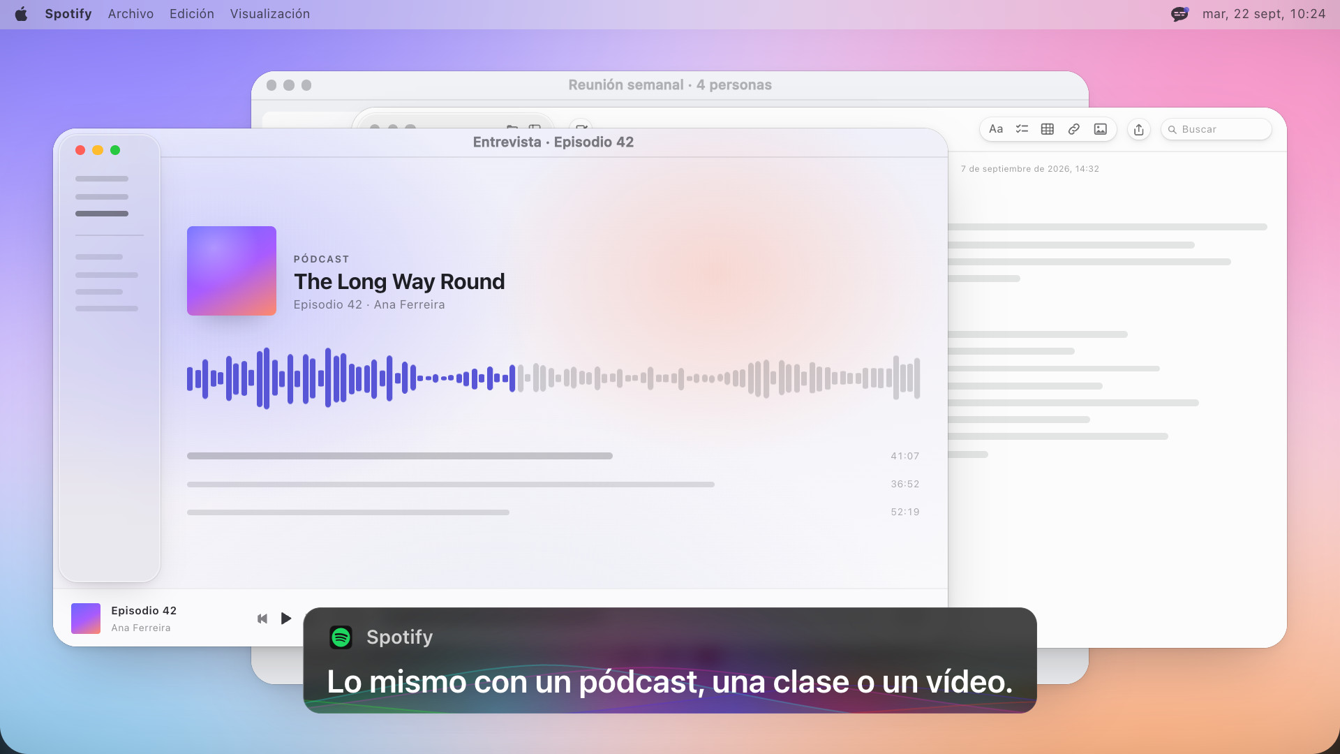 Un reproductor de pódcasts con una forma de onda y un recuadro de subtítulos que dice, en inglés: The same for a podcast, a lecture, or a video