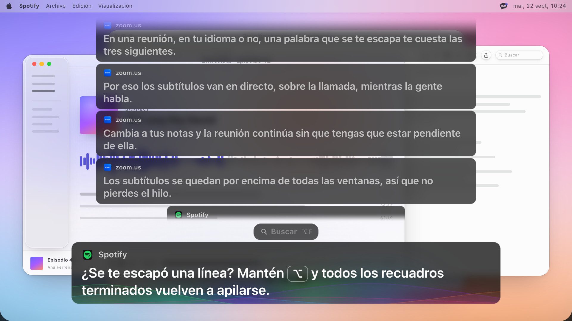 Cuatro recuadros de subtítulos anteriores apilados sobre el actual, el de arriba desvaneciéndose, y el más reciente dice, en inglés: Missed a line? Hold Option to rewind: every caption that closed stacks back up