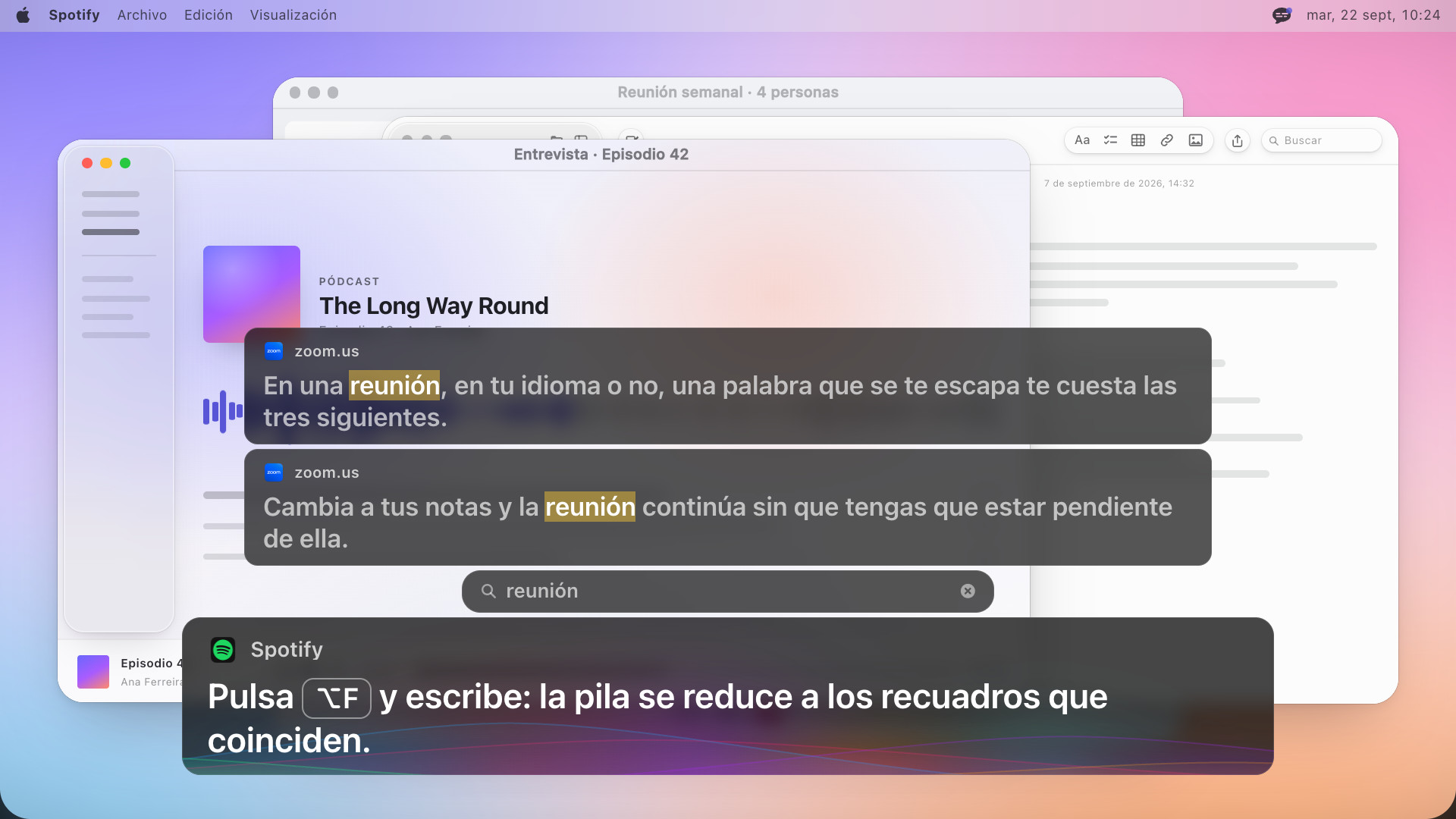 Dos recuadros de subtítulos con la palabra meeting resaltada en cada uno, debajo un campo de búsqueda con meeting escrito, y más abajo una línea que dice, en inglés: Press Option F and type: the stack narrows to the boxes that match