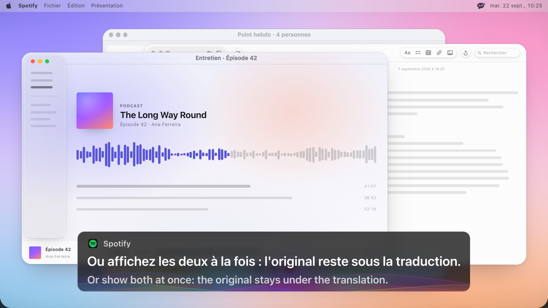 Un lecteur de podcast avec un bloc de sous-titres en deux langues : Ou affichez les deux à la fois : l'original reste sous la traduction, et en dessous l'anglais d'origine : Or show both at once: the original stays under the translation.