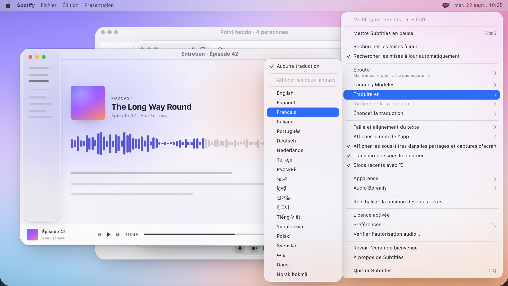 Le menu de Subtitles ouvert depuis la barre des menus, avec à côté son sous-menu « Traduire en » listant toutes les langues vers lesquelles il traduit