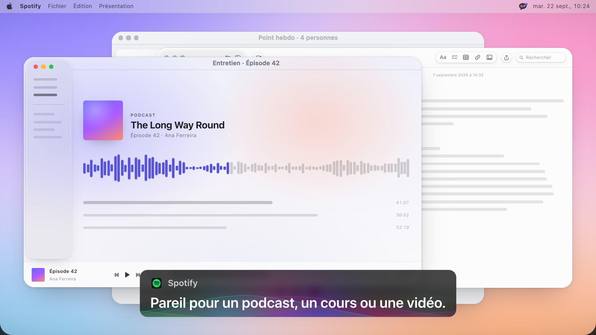 Un lecteur de podcast avec une forme d'onde et un bloc de sous-titres qui affiche : Pareil pour un podcast, un cours ou une vidéo.