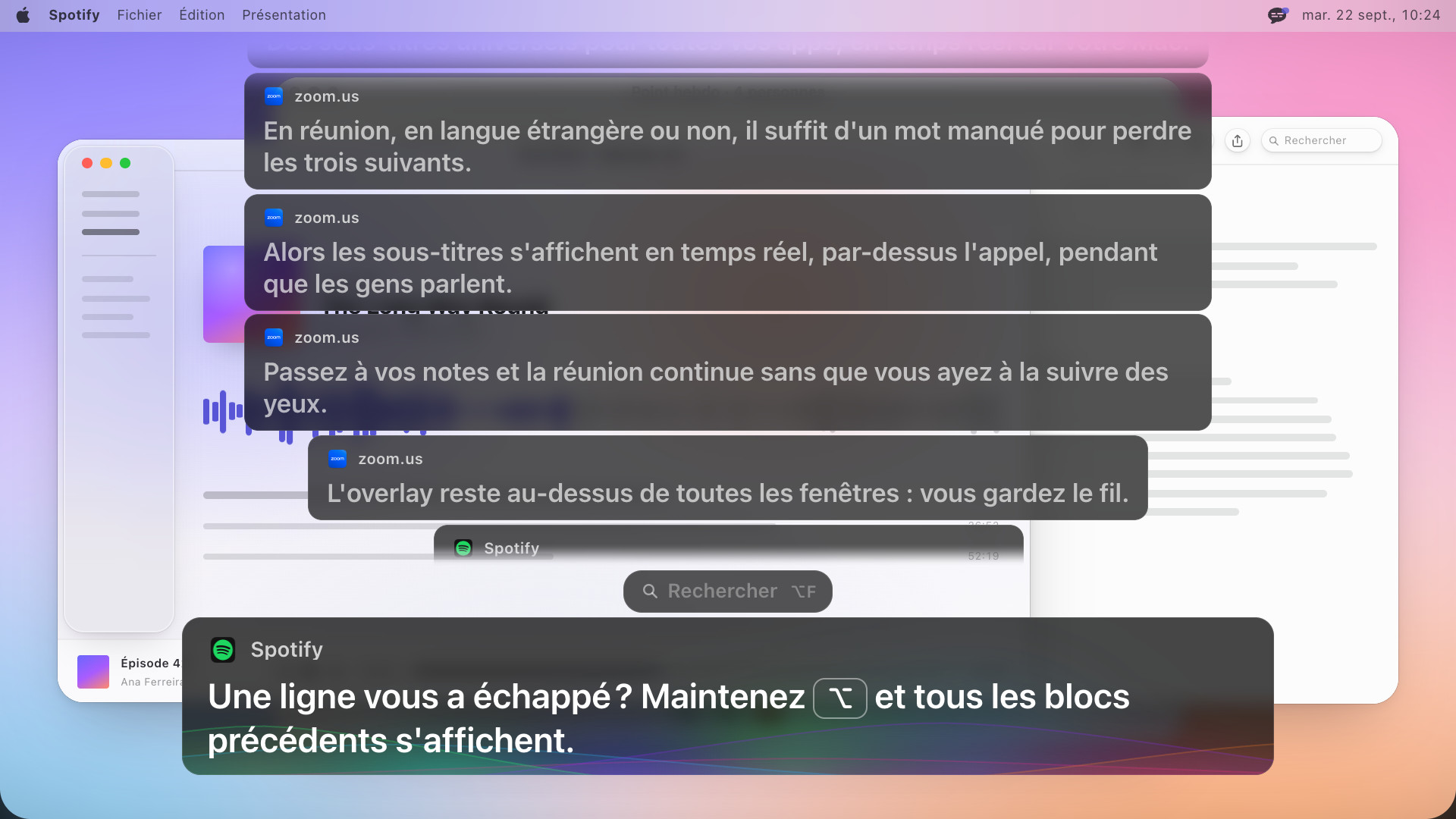 Quatre blocs de sous-titres précédents empilés au-dessus du bloc en cours, le plus haut estompé, le plus récent affichant : Une ligne vous a échappé ? Maintenez Option et tous les blocs précédents s'affichent.