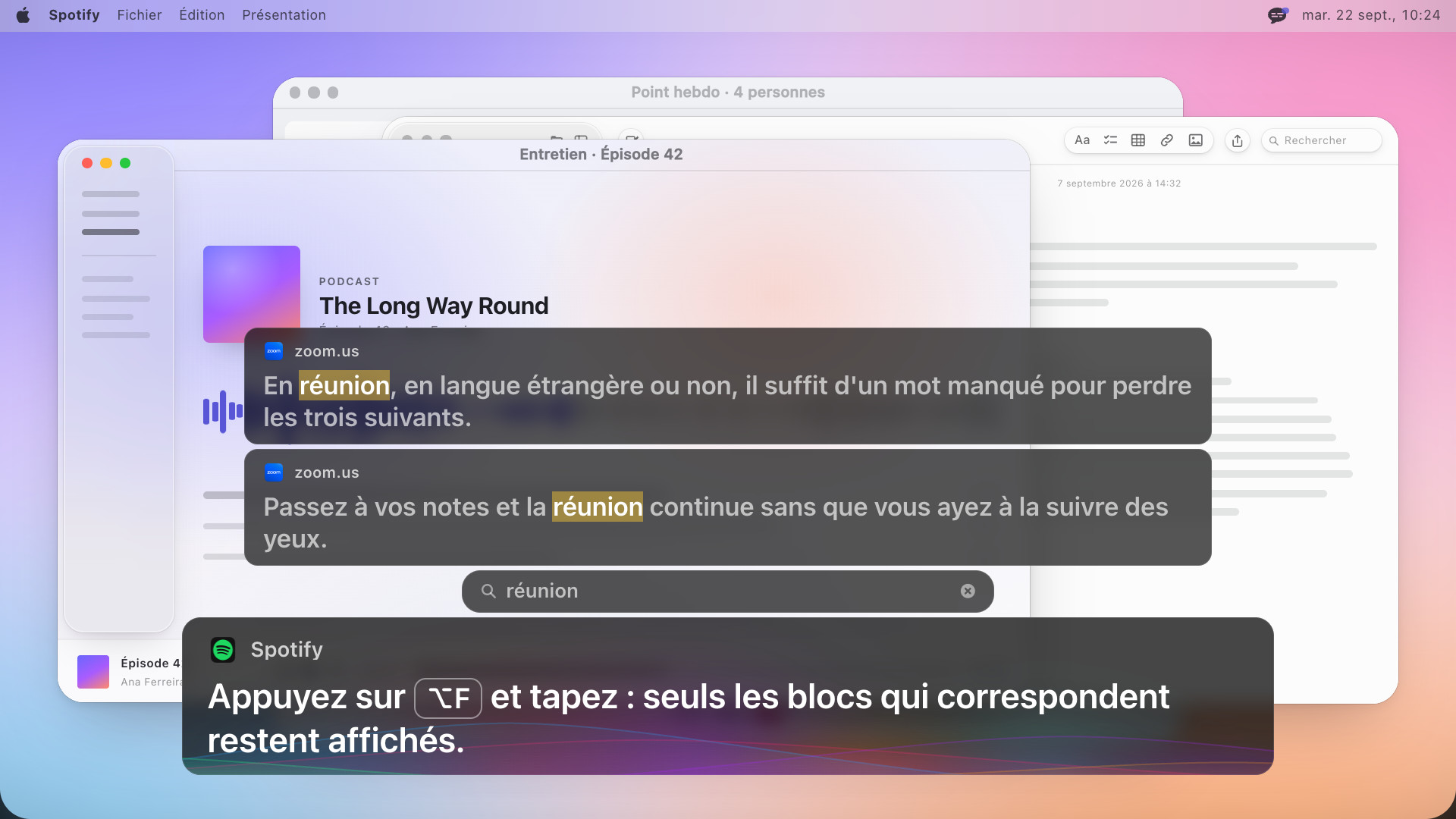 Deux blocs de sous-titres où le mot réunion est surligné, un champ de recherche contenant réunion juste en dessous, et plus bas une ligne qui affiche : Appuyez sur Option F et tapez : seuls les blocs qui correspondent restent affichés.