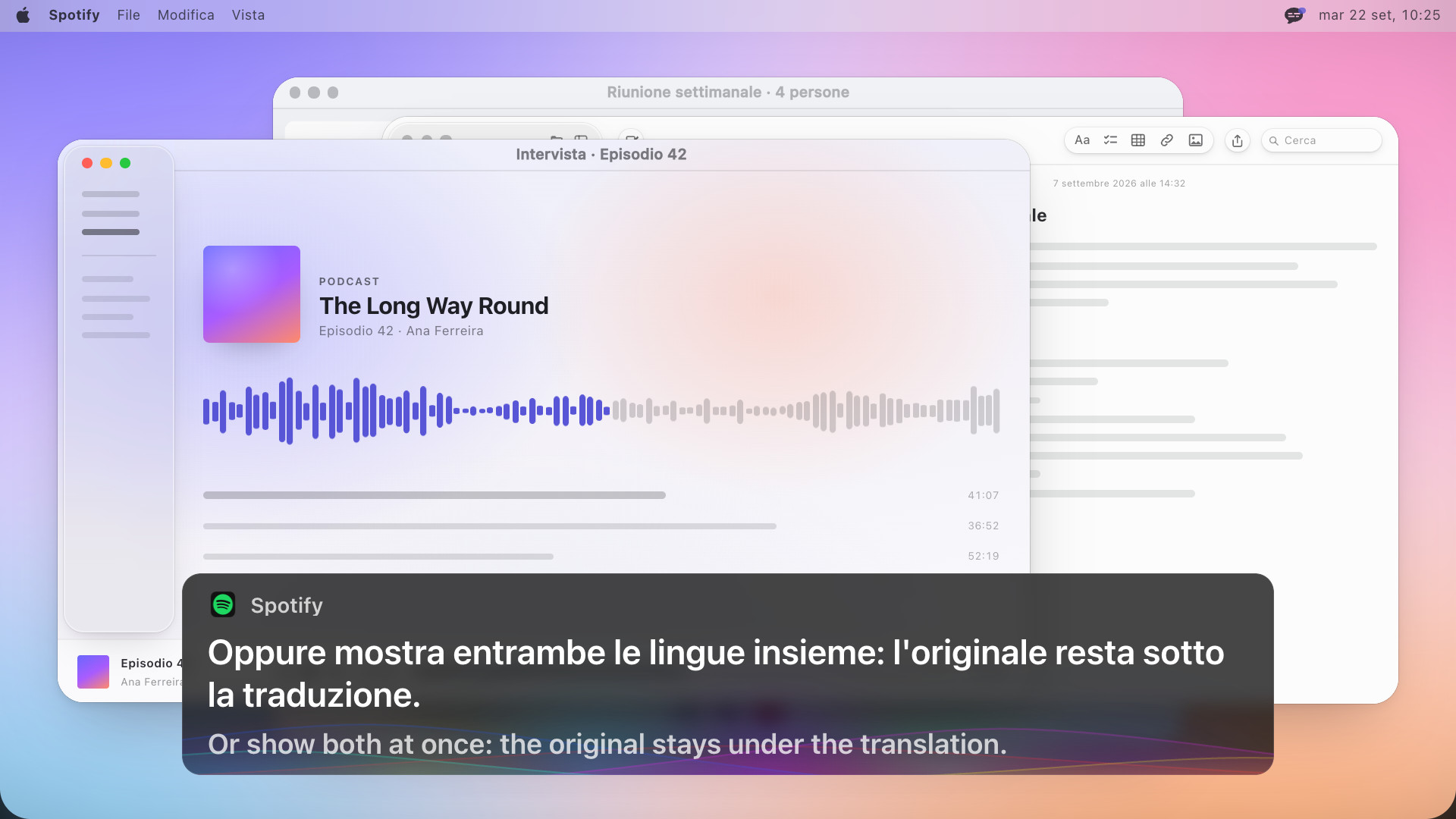 Un lettore di podcast con il riquadro dei sottotitoli in due lingue: Or show both at once: the original stays under the translation, e sotto lo spagnolo in cui è stato detto: O muestra los dos a la vez: el original se queda debajo de la traducción