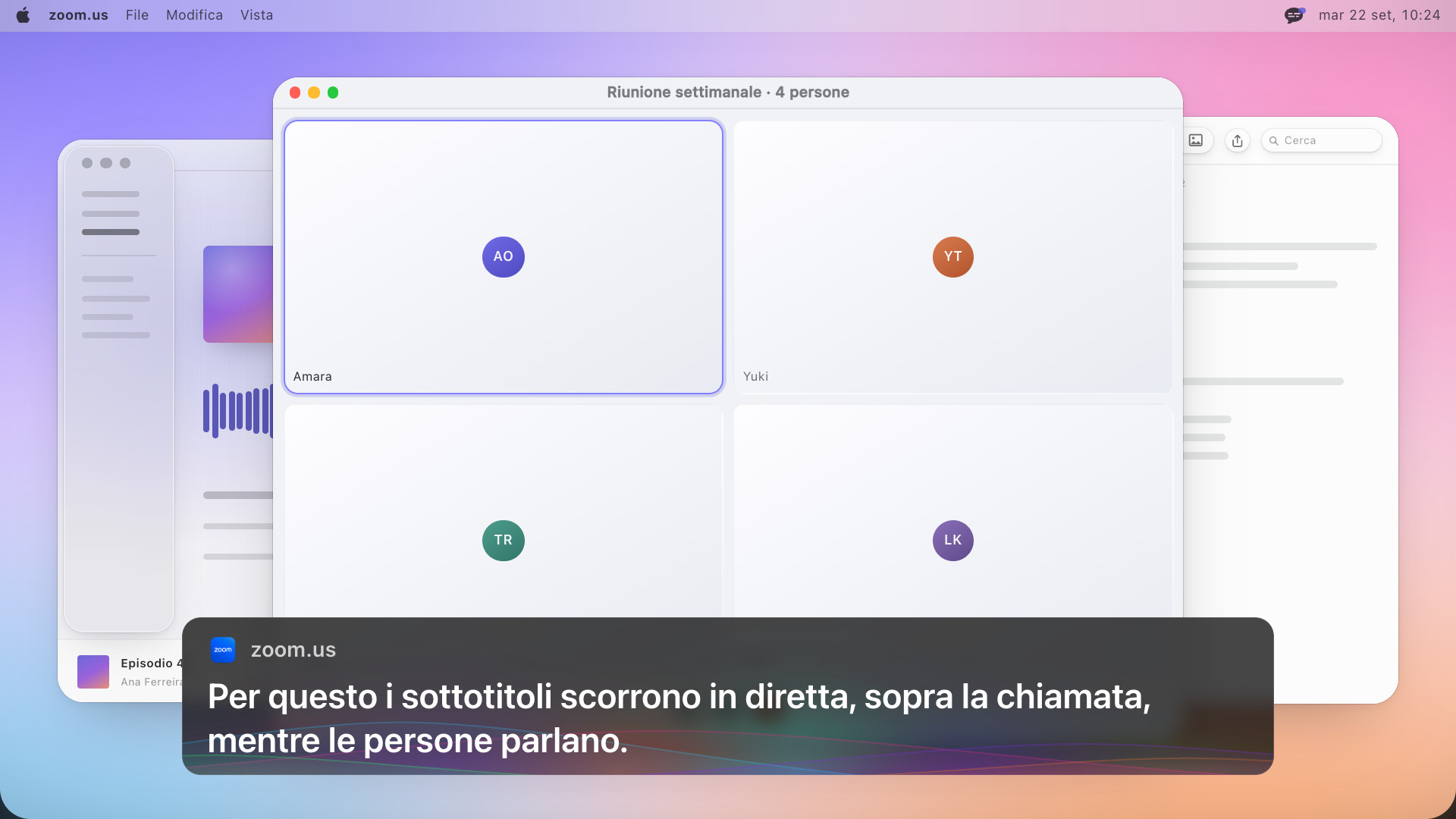 Una videochiamata a quattro con sotto un riquadro di sottotitoli che dice, in inglese: So the captions run live, over the call, while people are talking