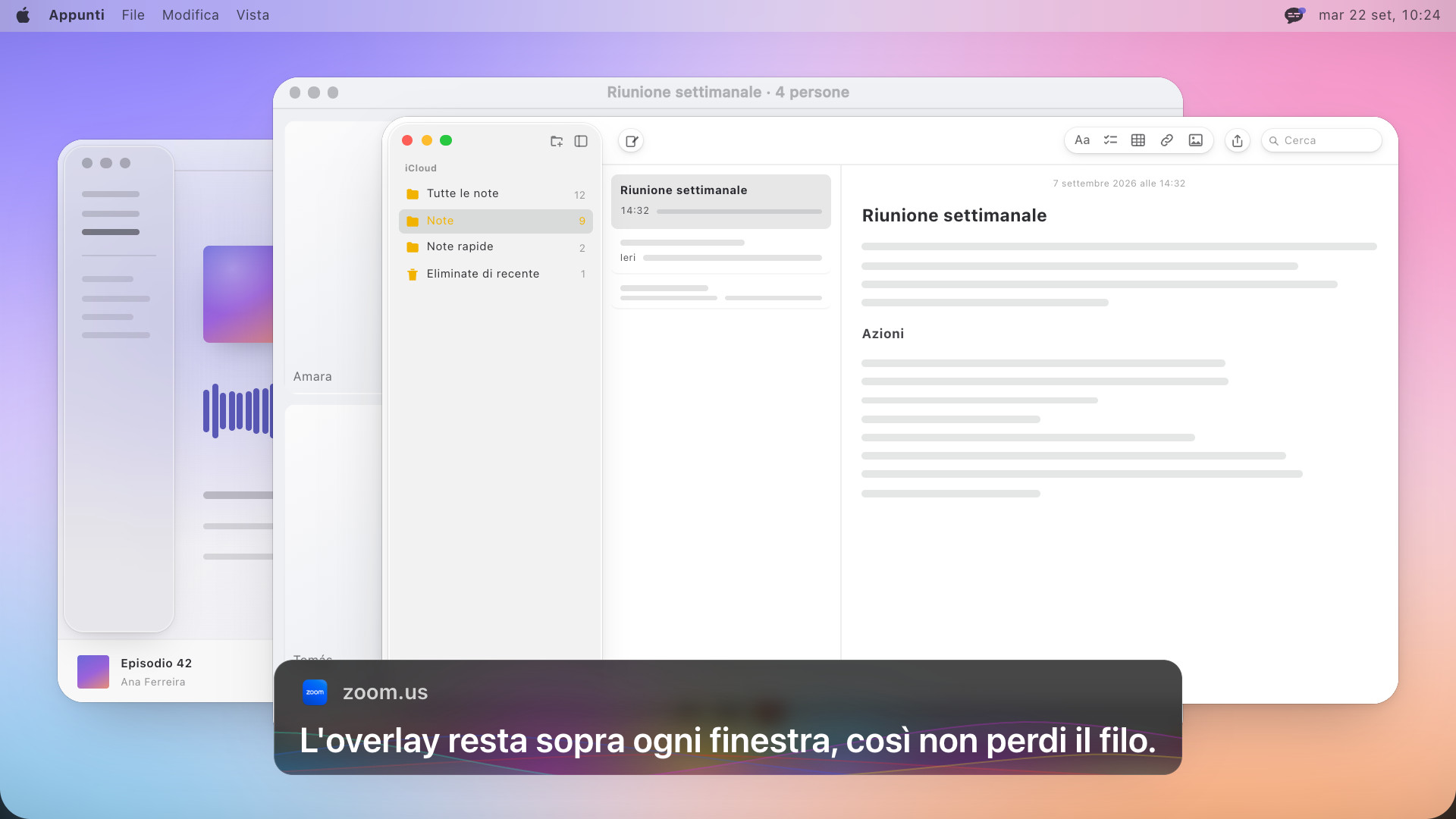 L'app Note davanti a una videochiamata, con sopra entrambe un riquadro di sottotitoli che dice, in inglese: The overlay stays above every window, so you keep the thread