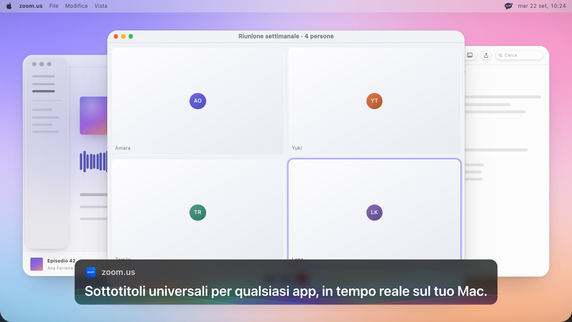 Una videochiamata a quattro con sotto un riquadro di sottotitoli che dice, in inglese: Universal subtitles for any app, live on your Mac
