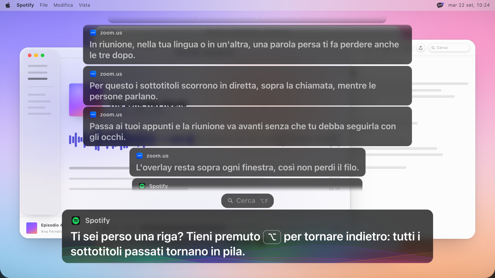 Quattro riquadri di sottotitoli precedenti impilati sopra quello attuale, il più alto che sfuma, e il più recente dice, in inglese: Missed a line? Hold Option to rewind: every caption that closed stacks back up