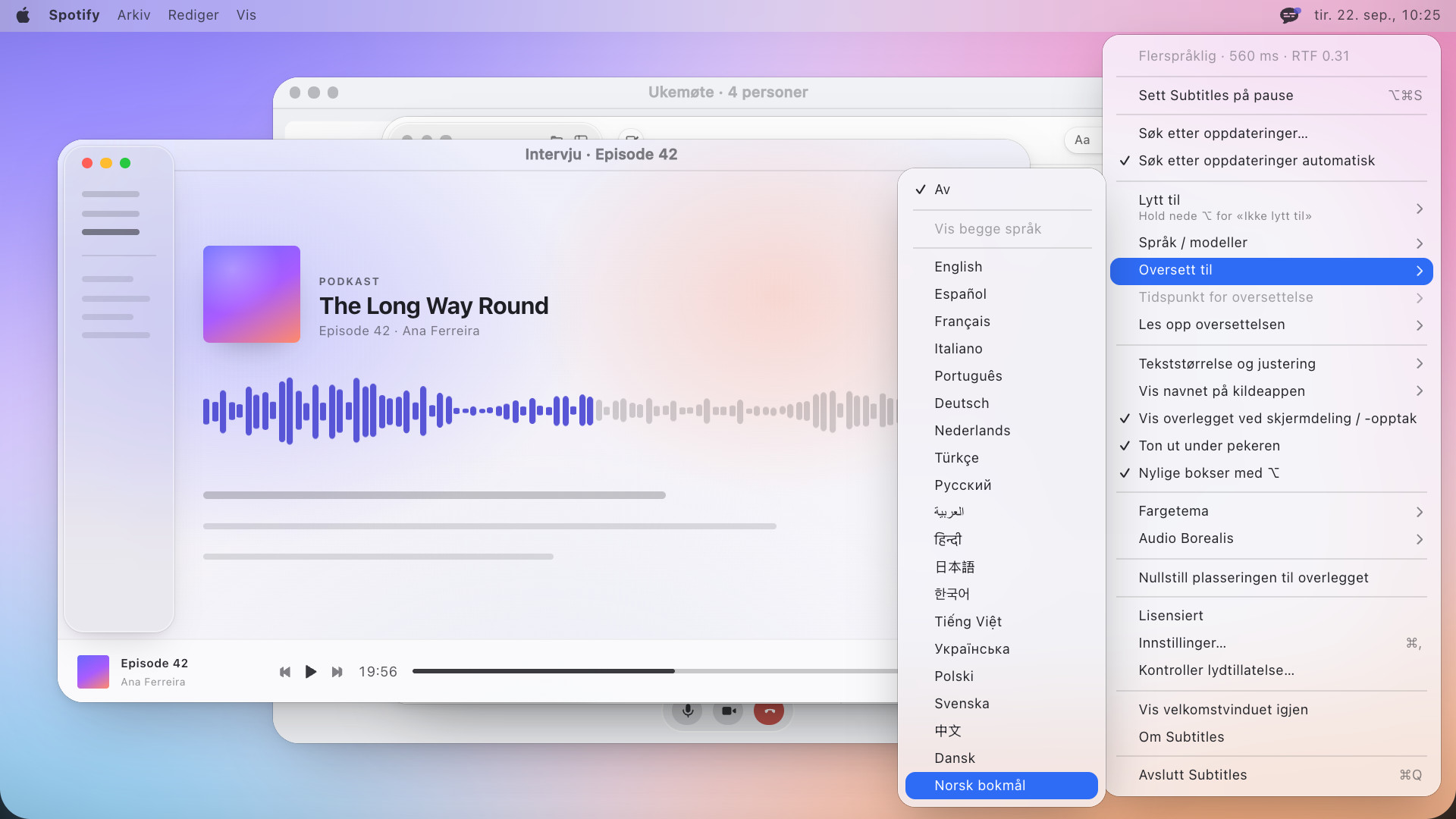 Subtitles-menyen åpnet fra menylinjen, med undermenyen «Oversett til» ved siden av og alle språkene appen oversetter til i listen