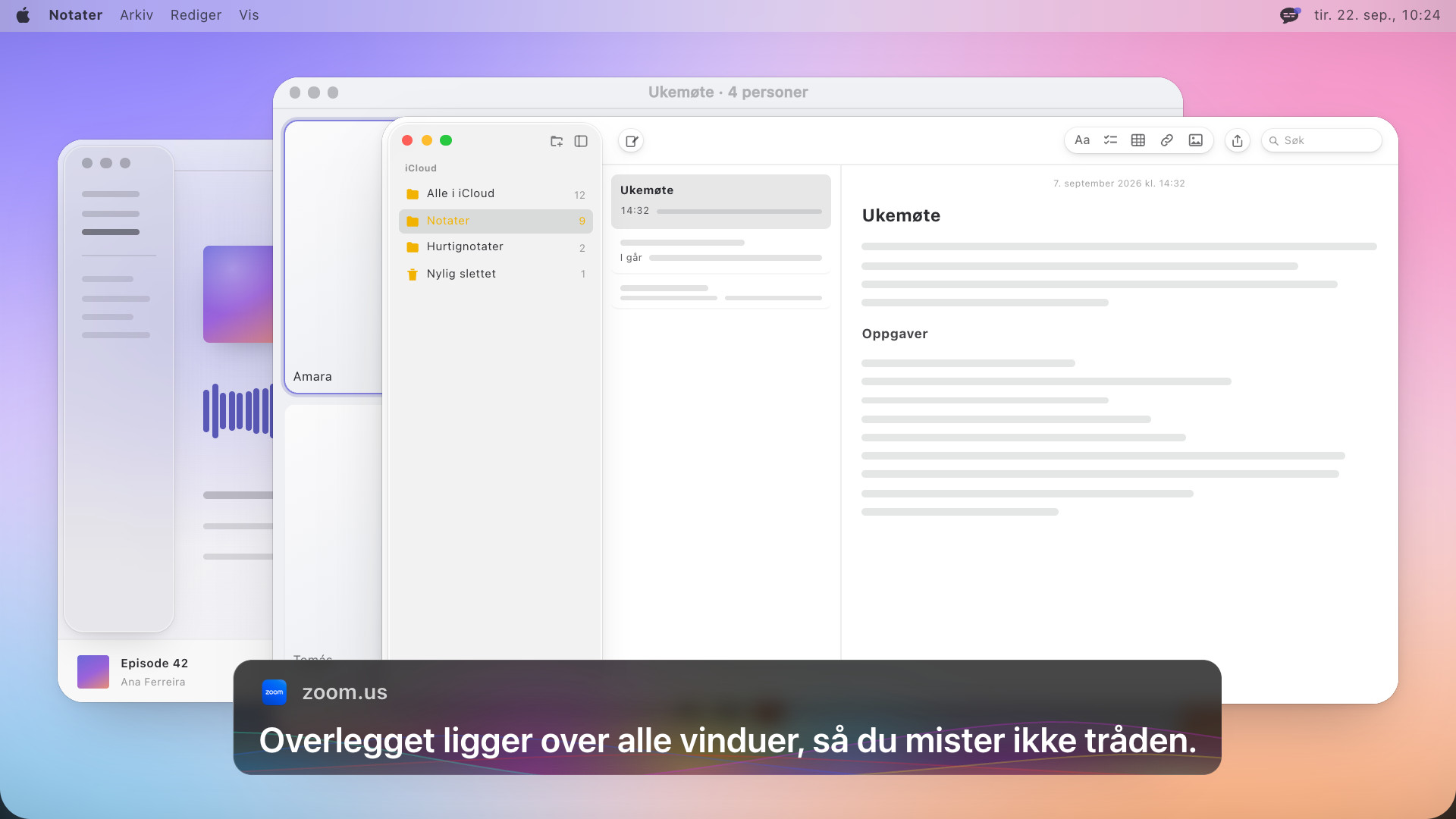 Notater-appen foran en videosamtale, med undertekstboksen over begge som lyder: Overlegget ligger over alle vinduer, så du mister ikke tråden
