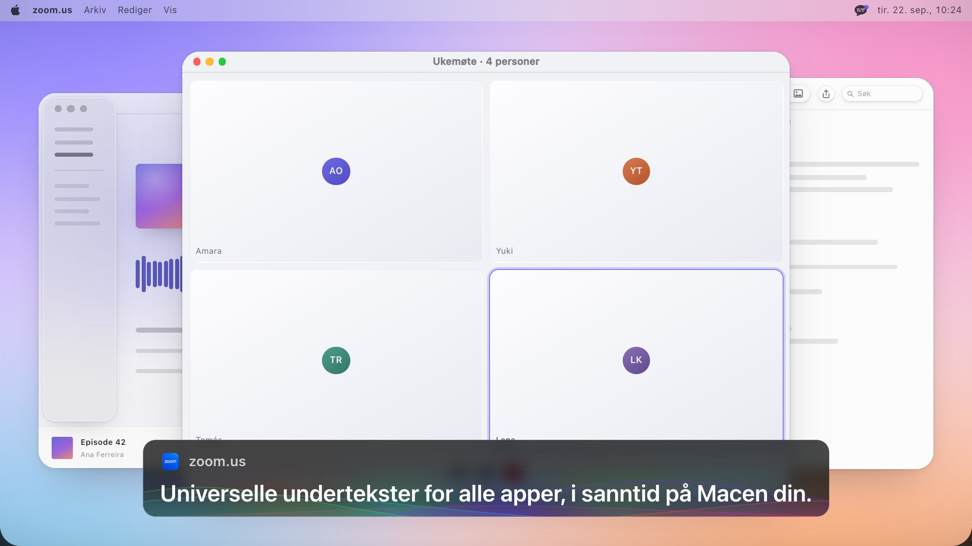 En videosamtale med fire personer og en undertekstboks under som lyder: Universelle undertekster for alle apper, i sanntid på Macen din