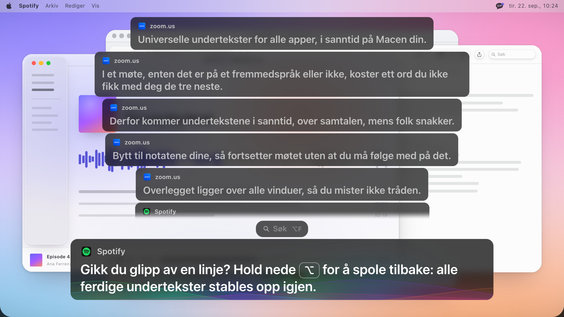 Fire tidligere undertekstbokser stablet over den nåværende, den øverste i ferd med å tones ut, og den nyeste lyder: Gikk du glipp av en linje? Hold nede Option for å spole tilbake: alle ferdige undertekster stables opp igjen