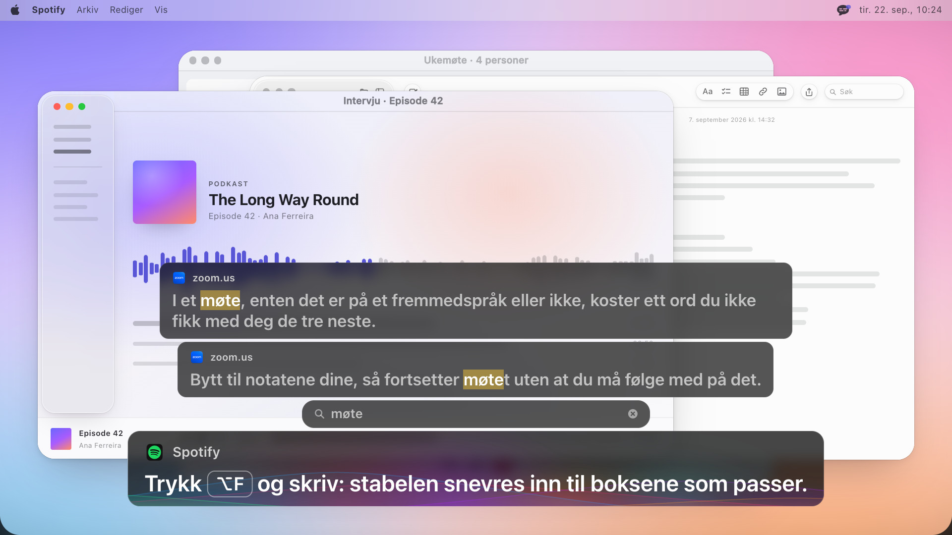 To undertekstbokser med ordet møte uthevet i hver, et søkefelt med møte under dem, og en linje nederst som lyder: Trykk Option F og skriv: stabelen snevres inn til boksene som passer