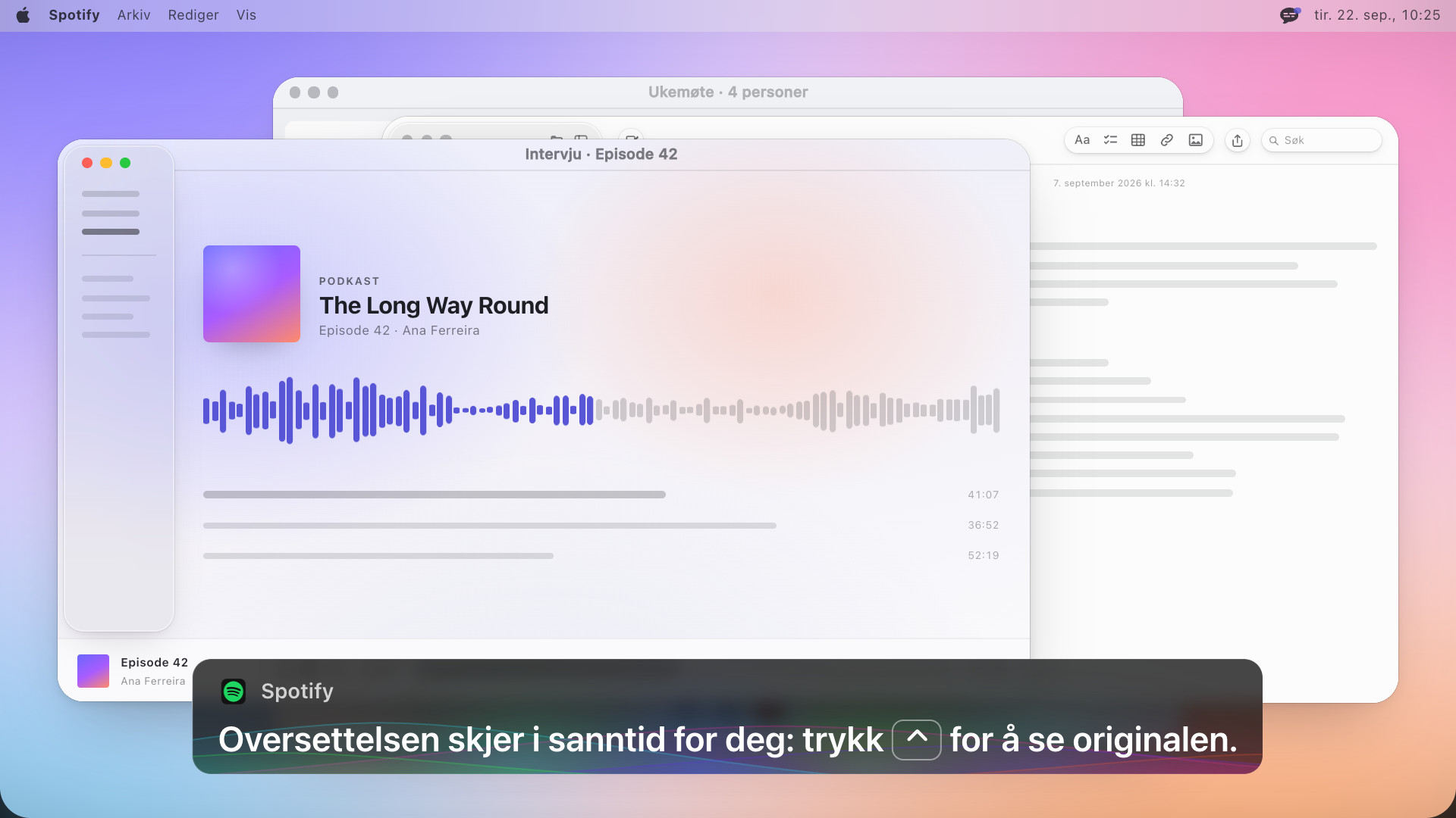 En podkastspiller med undertekstboksen som lyder: Oversettelsen skjer i sanntid for deg: trykk Control for å se originalen