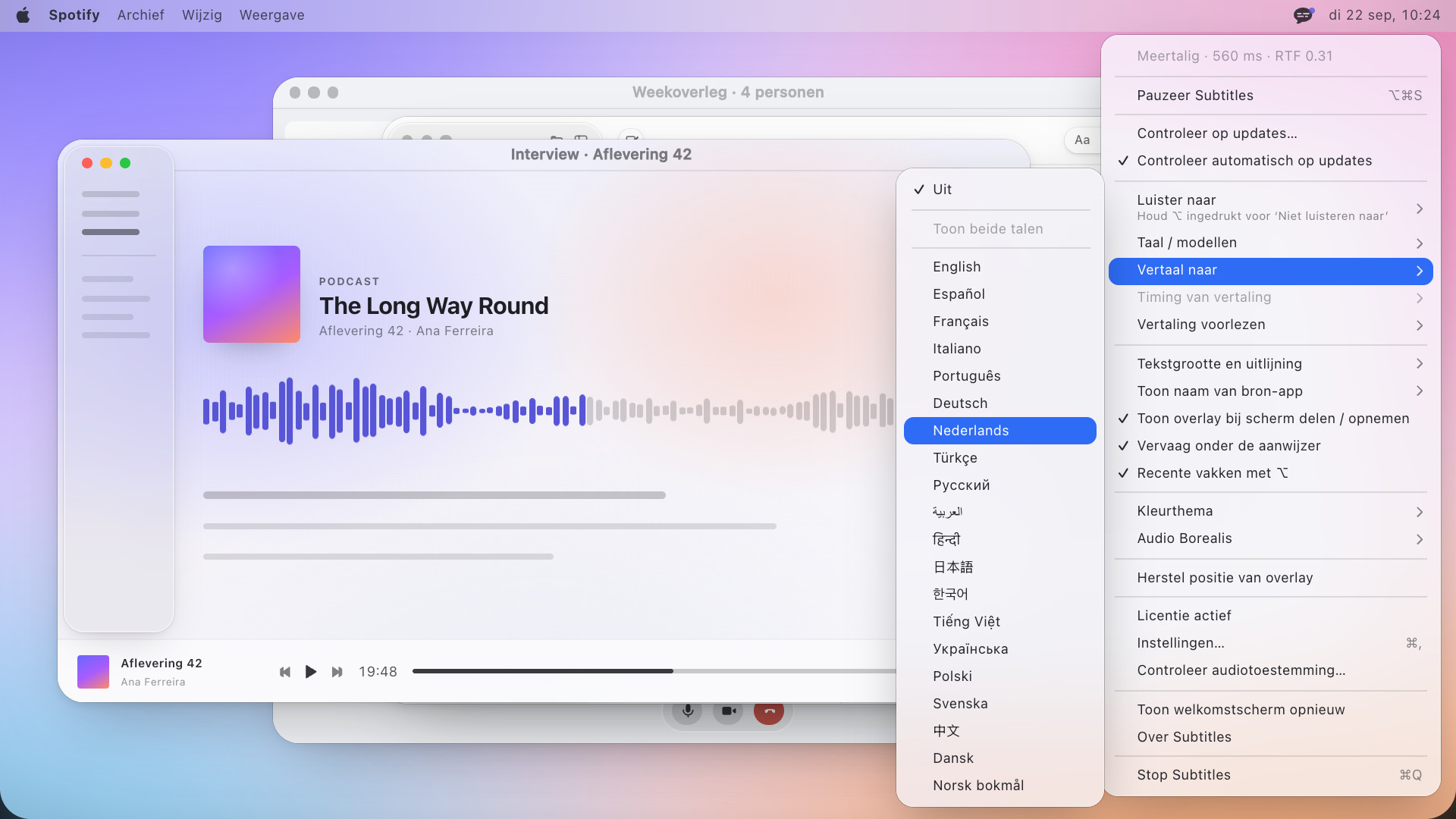 Het Subtitles-menu, geopend vanuit de menubalk, met ernaast het submenu “Vertaal naar” met alle talen waarnaar de app vertaalt