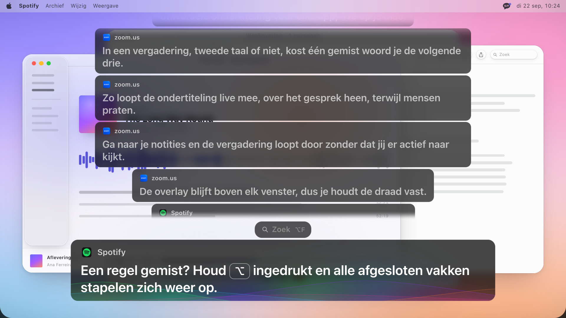 Vier eerdere ondertitelvakken gestapeld boven het huidige, het bovenste vervagend, het nieuwste met de Engelse tekst: Missed a line? Hold Option to rewind: every caption that closed stacks back up