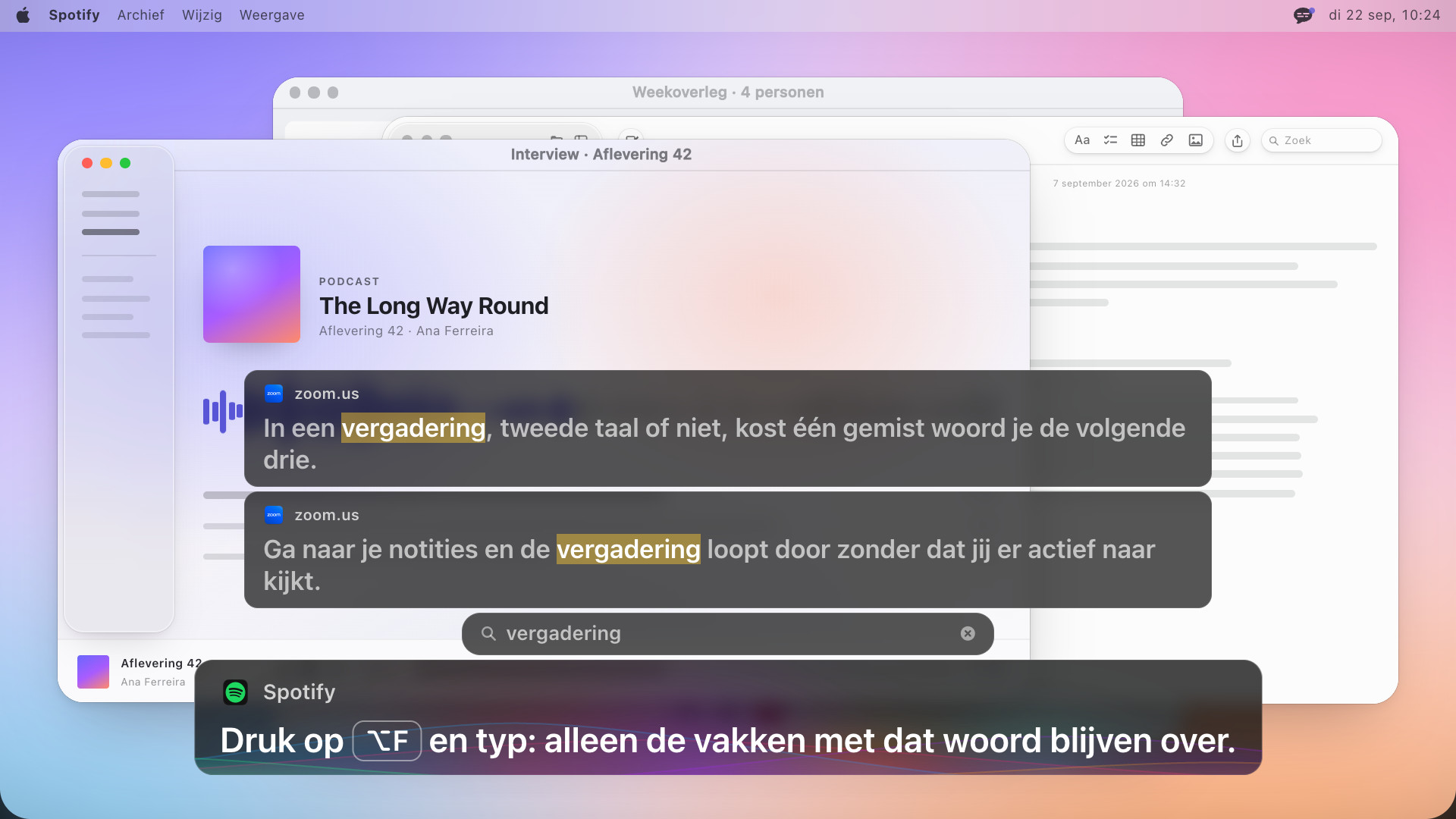 Twee ondertitelvakken waarin telkens het woord meeting gemarkeerd is, daaronder een zoekveld met het woord meeting, en onderaan een regel met de Engelse tekst: Press Option F and type: the stack narrows to the boxes that match