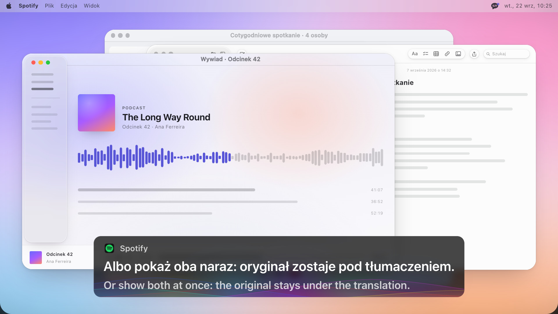 Odtwarzacz podcastów z ramką w dwóch językach: Albo pokaż oba naraz: oryginał zostaje pod tłumaczeniem, a pod spodem angielski oryginał: Or show both at once: the original stays under the translation
