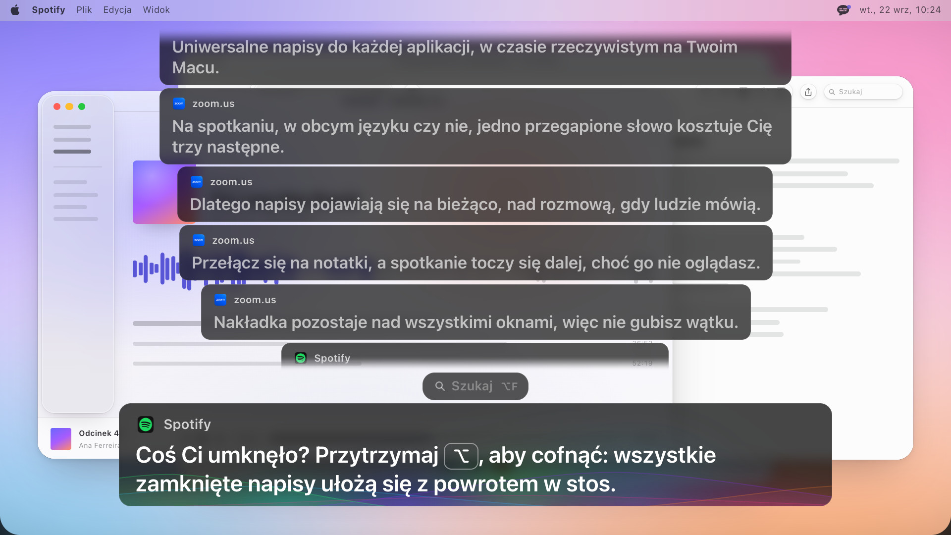 Cztery wcześniejsze ramki ułożone w stos nad bieżącą, najwyższa blednie, a najnowsza brzmi: Coś Ci umknęło? Przytrzymaj Option, aby cofnąć: wszystkie zamknięte napisy ułożą się z powrotem w stos