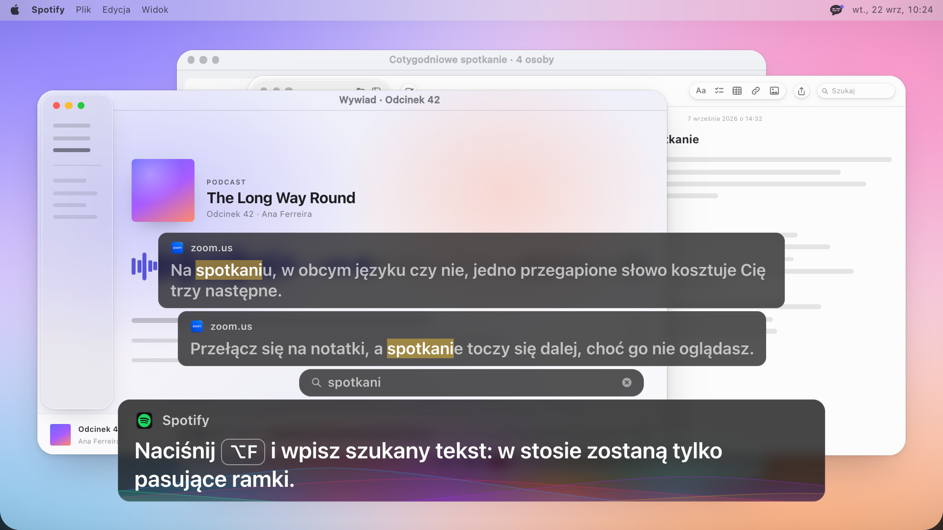Dwie ramki z wyróżnionym w każdej słowem spotkanie, pod nimi pole wyszukiwania ze słowem spotkanie, a niżej wiersz: Naciśnij Option F i wpisz szukany tekst: w stosie zostaną tylko pasujące ramki