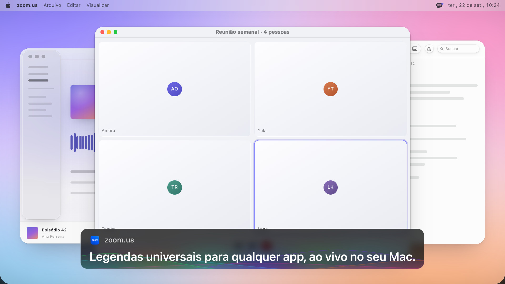 Uma videochamada com quatro pessoas e um quadro de legenda embaixo que diz: Legendas universais para qualquer app, ao vivo no seu Mac