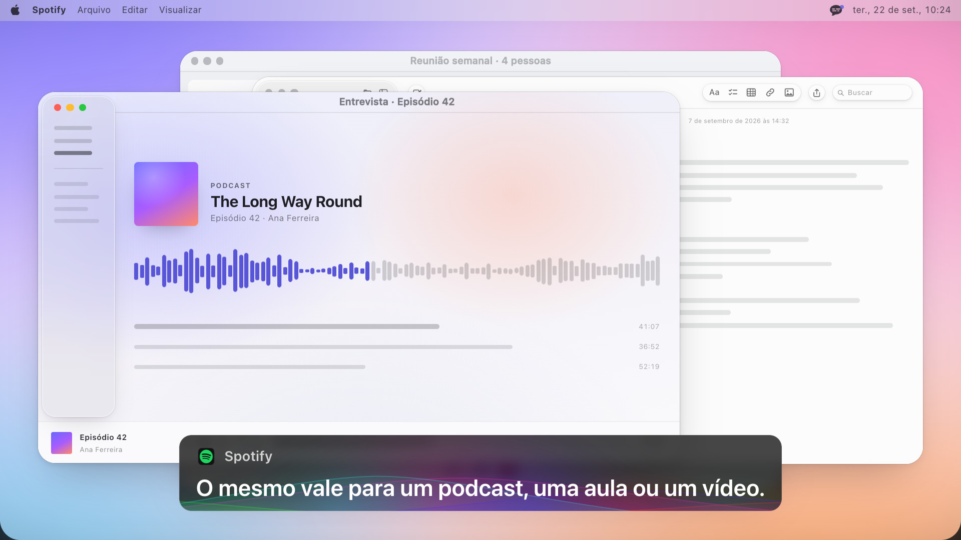 Um player de podcast mostrando uma forma de onda, com um quadro de legenda que diz: O mesmo vale para um podcast, uma aula ou um vídeo