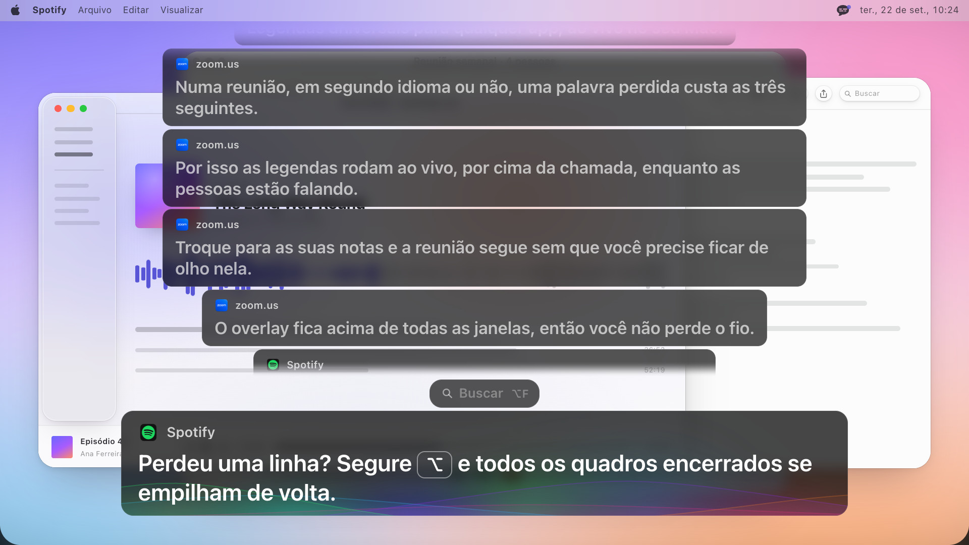 Quatro quadros de legenda anteriores empilhados acima do atual, o de cima sumindo, e o mais recente diz: Perdeu uma linha? Segure Option e todos os quadros encerrados se empilham de volta