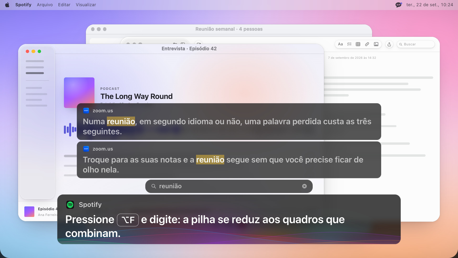 Dois quadros de legenda com a palavra reunião destacada em cada um, logo abaixo um campo de busca com reunião digitado, e mais embaixo uma linha que diz: Pressione Option F e digite: a pilha se reduz aos quadros que combinam