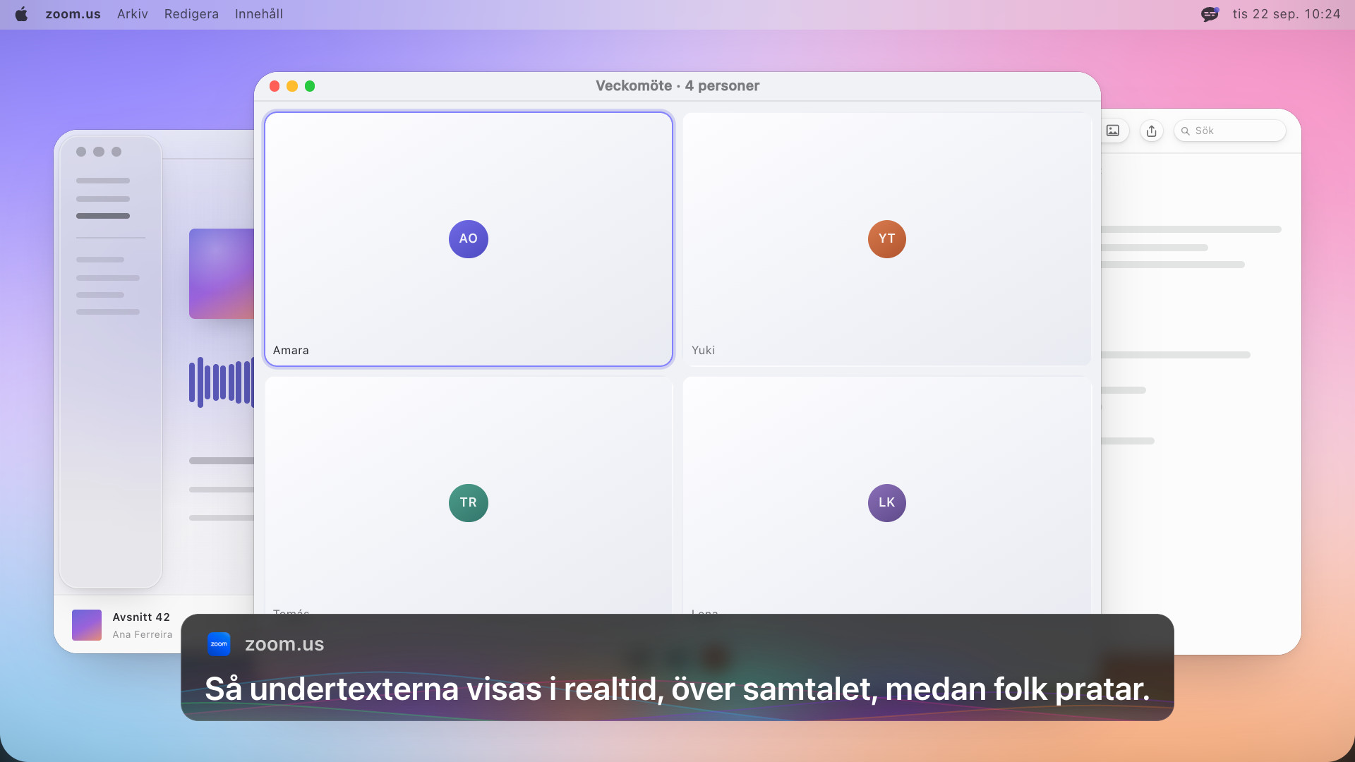 Ett videosamtal med fyra personer och en undertextruta under det med texten: Så undertexterna visas i realtid, över samtalet, medan folk pratar
