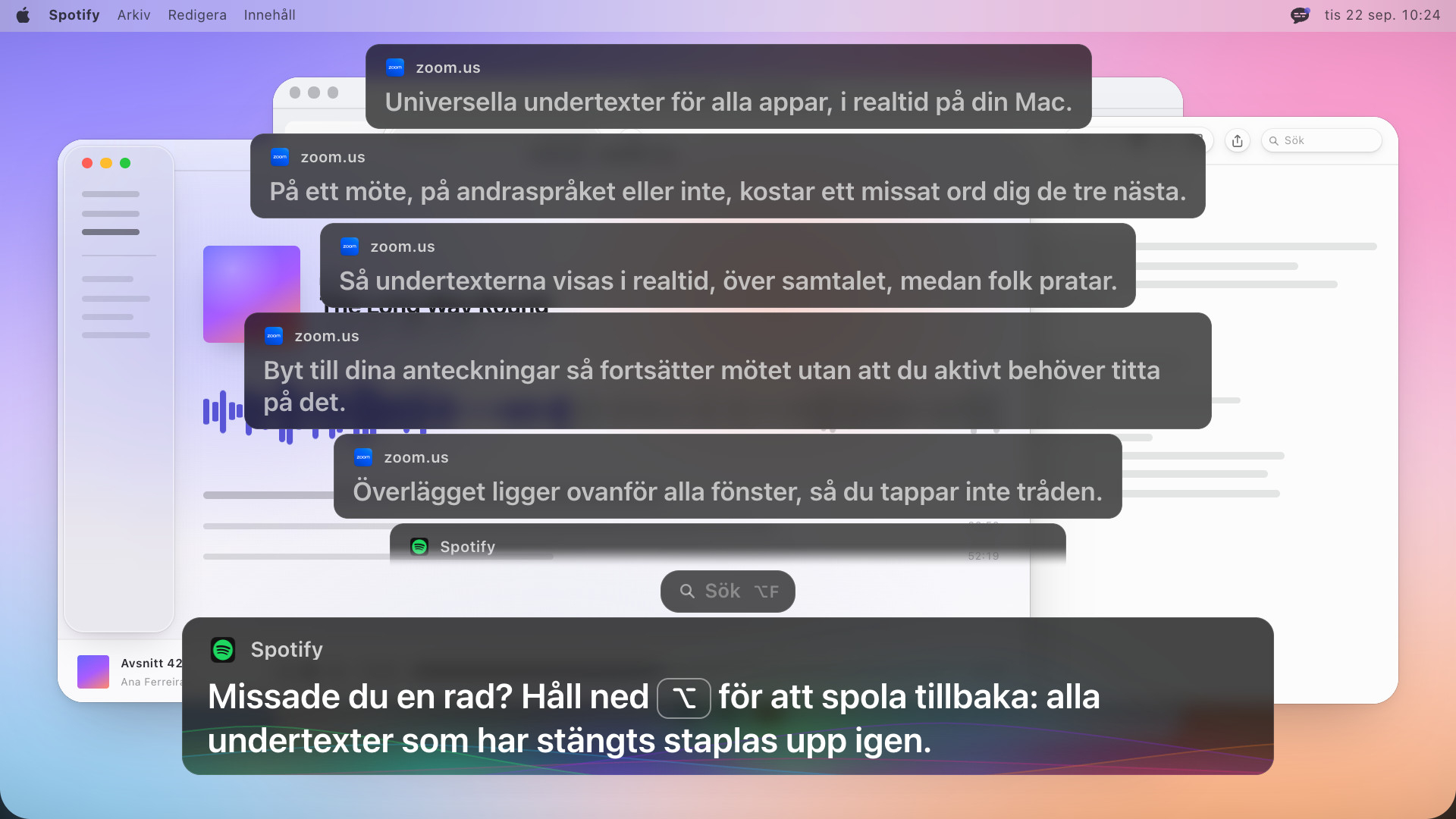 Fyra tidigare undertextrutor staplade ovanför den aktuella, den översta på väg att tonas ut, med den nyaste och texten: Missade du en rad? Håll ned Alternativ för att spola tillbaka: alla undertexter som har stängts staplas upp igen