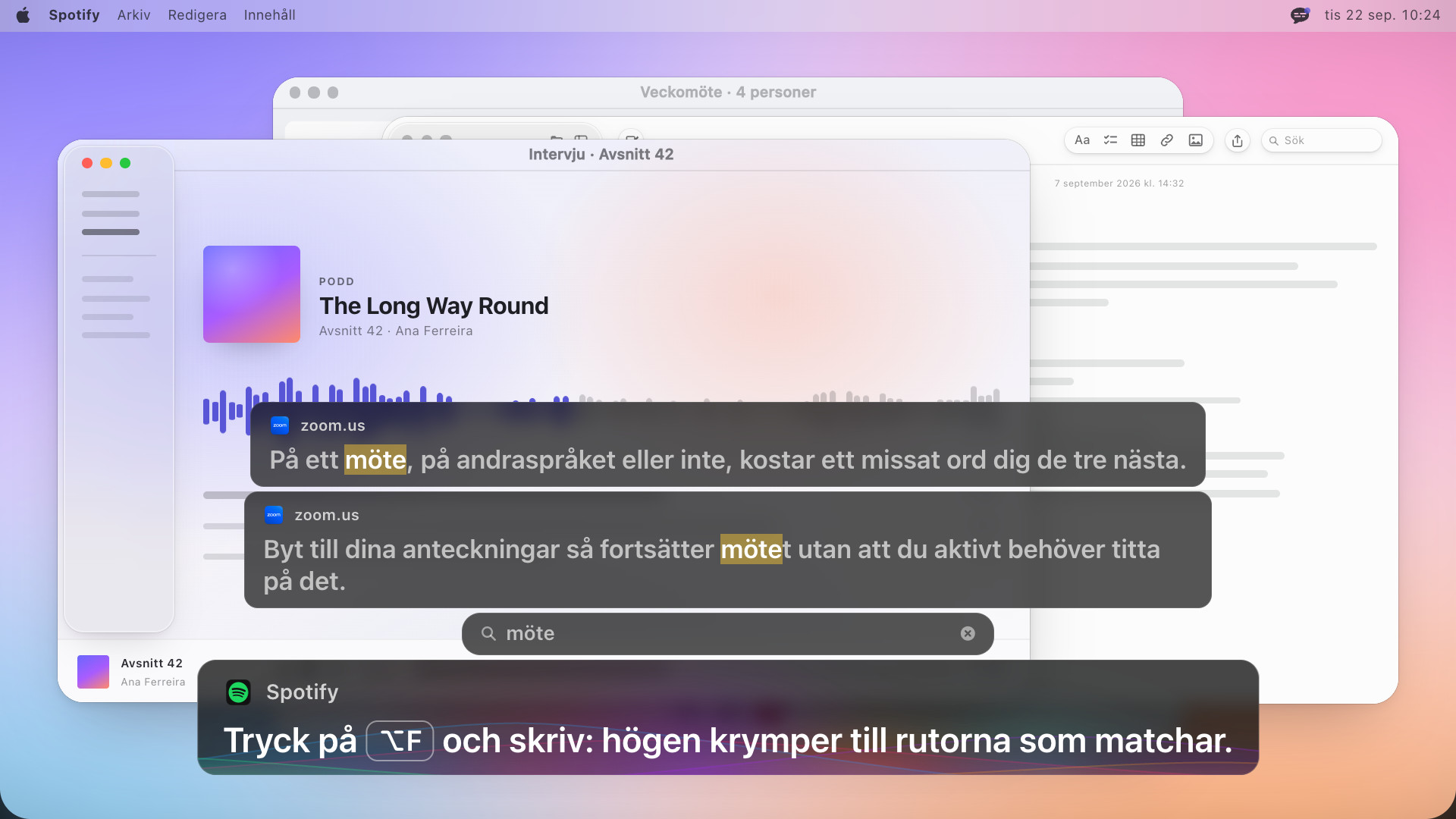 Två undertextrutor med ordet möte markerat i båda, ett sökfält med texten möte under dem och en rad nedanför med texten: Tryck på Alternativ-F och skriv: högen krymper till rutorna som matchar