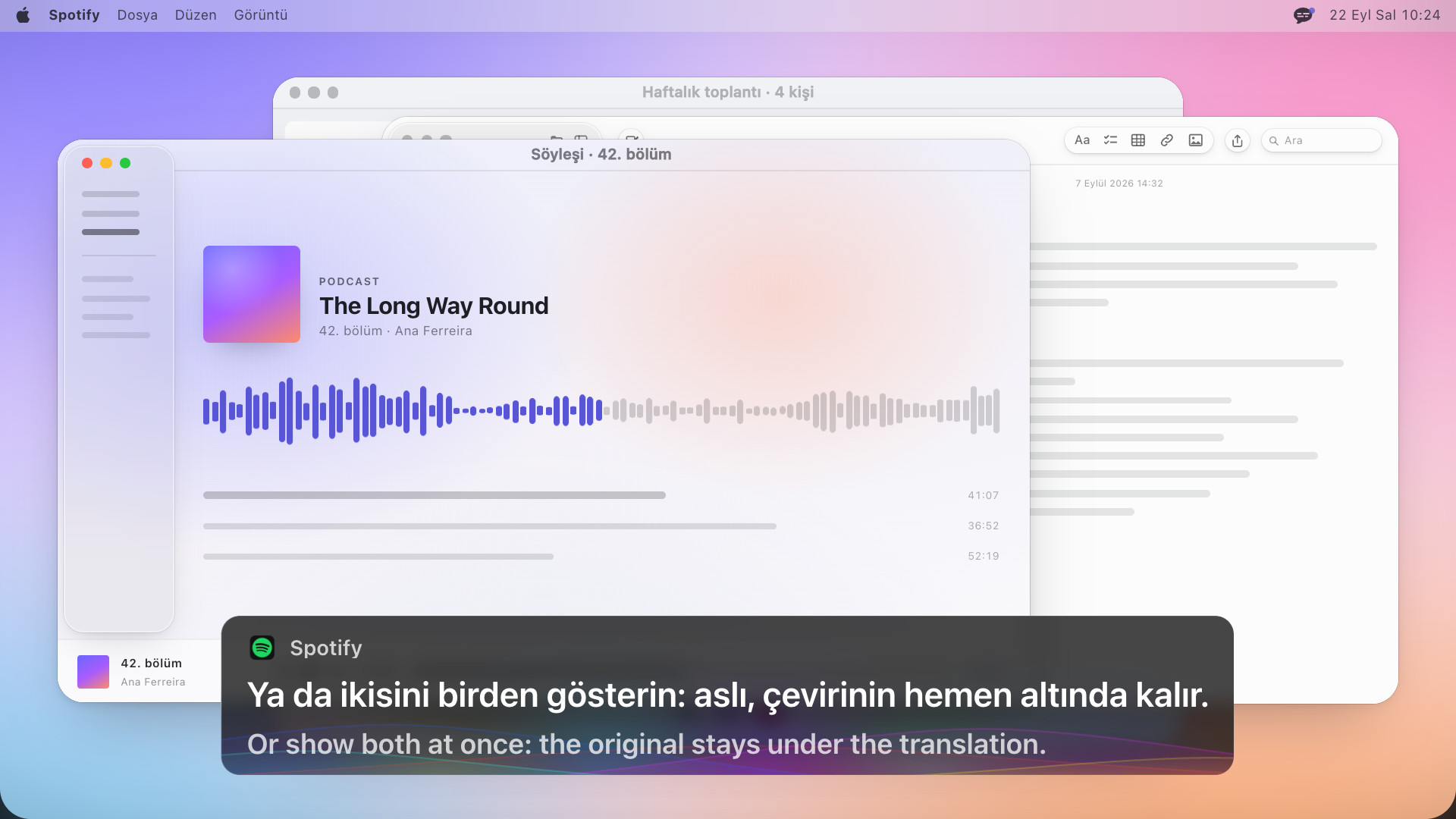 İki dilli bir altyazı kutusu olan podcast oynatıcı: Or show both at once: the original stays under the translation, altında da söylendiği İspanyolcası: O muestra los dos a la vez: el original se queda debajo de la traducción