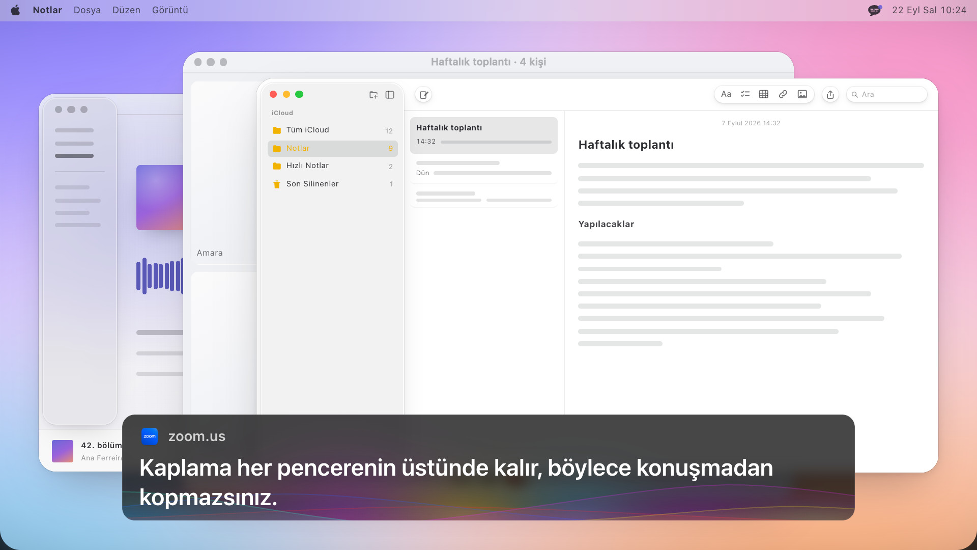 Bir görüntülü görüşmenin önünde Notlar uygulaması, ikisinin üstünde İngilizce şunu yazan bir altyazı kutusu: The overlay stays above every window, so you keep the thread