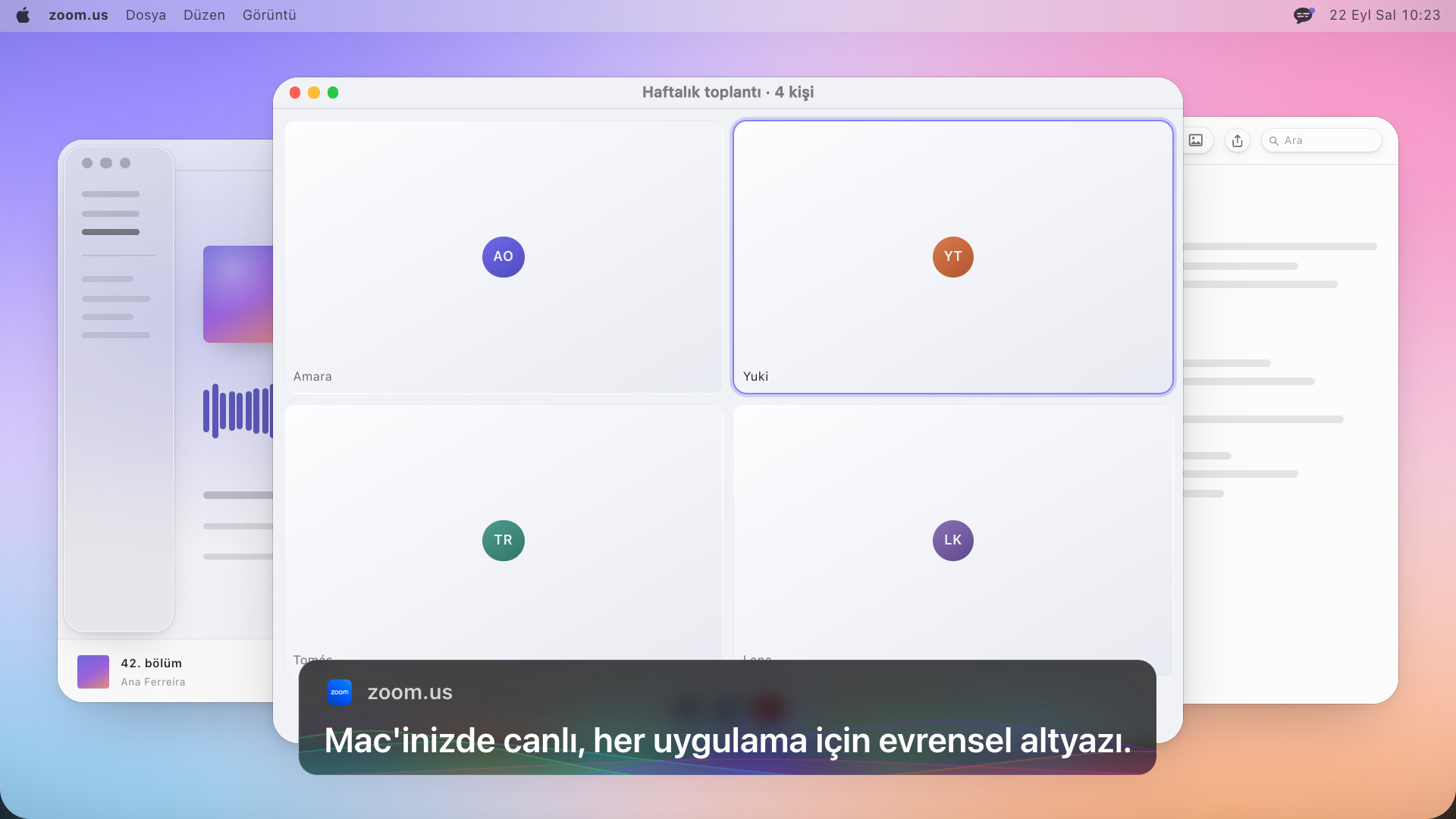 Dört kişilik bir görüntülü görüşme ve altında İngilizce şunu yazan bir altyazı kutusu: Universal subtitles for any app, live on your Mac