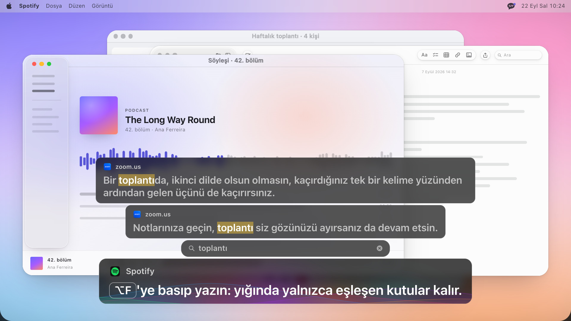 İçlerinde meeting kelimesinin vurgulandığı iki altyazı kutusu, altlarında meeting yazan bir arama alanı ve en altta İngilizce şunu yazan bir satır: Press Option F and type: the stack narrows to the boxes that match