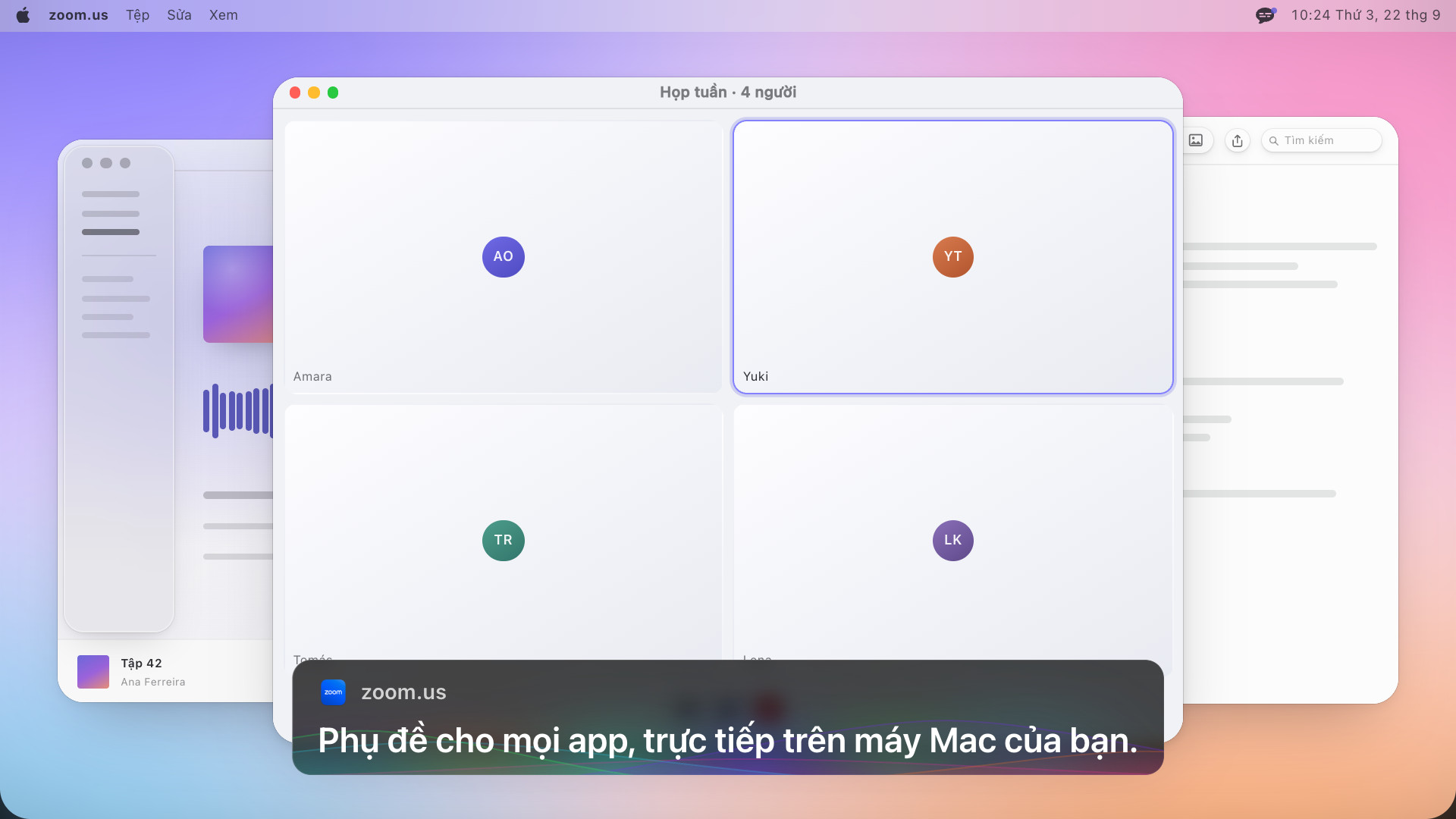 Một cuộc gọi video bốn người, bên dưới là khung phụ đề ghi bằng tiếng Anh: Universal subtitles for any app, live on your Mac