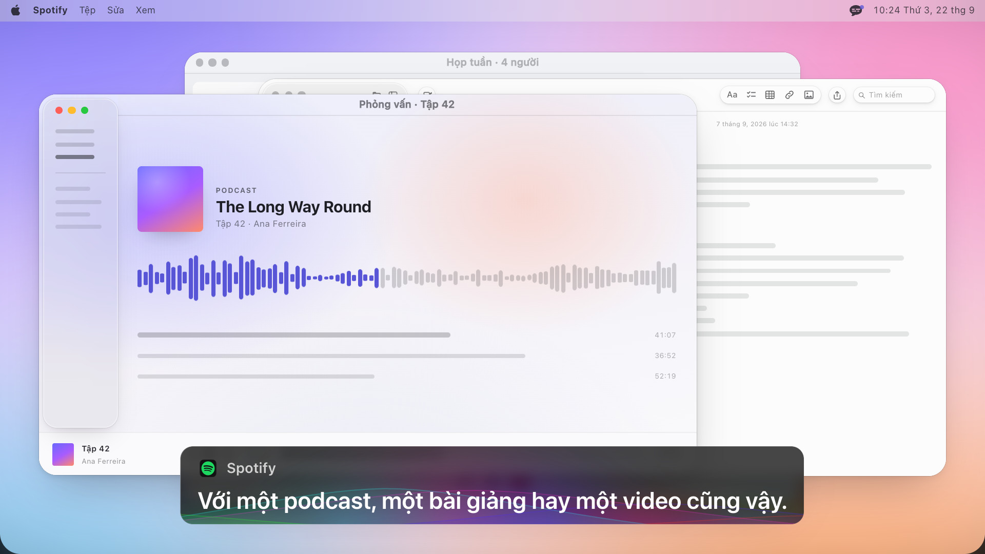 Một trình phát podcast hiện dạng sóng, với khung phụ đề ghi bằng tiếng Anh: The same for a podcast, a lecture, or a video