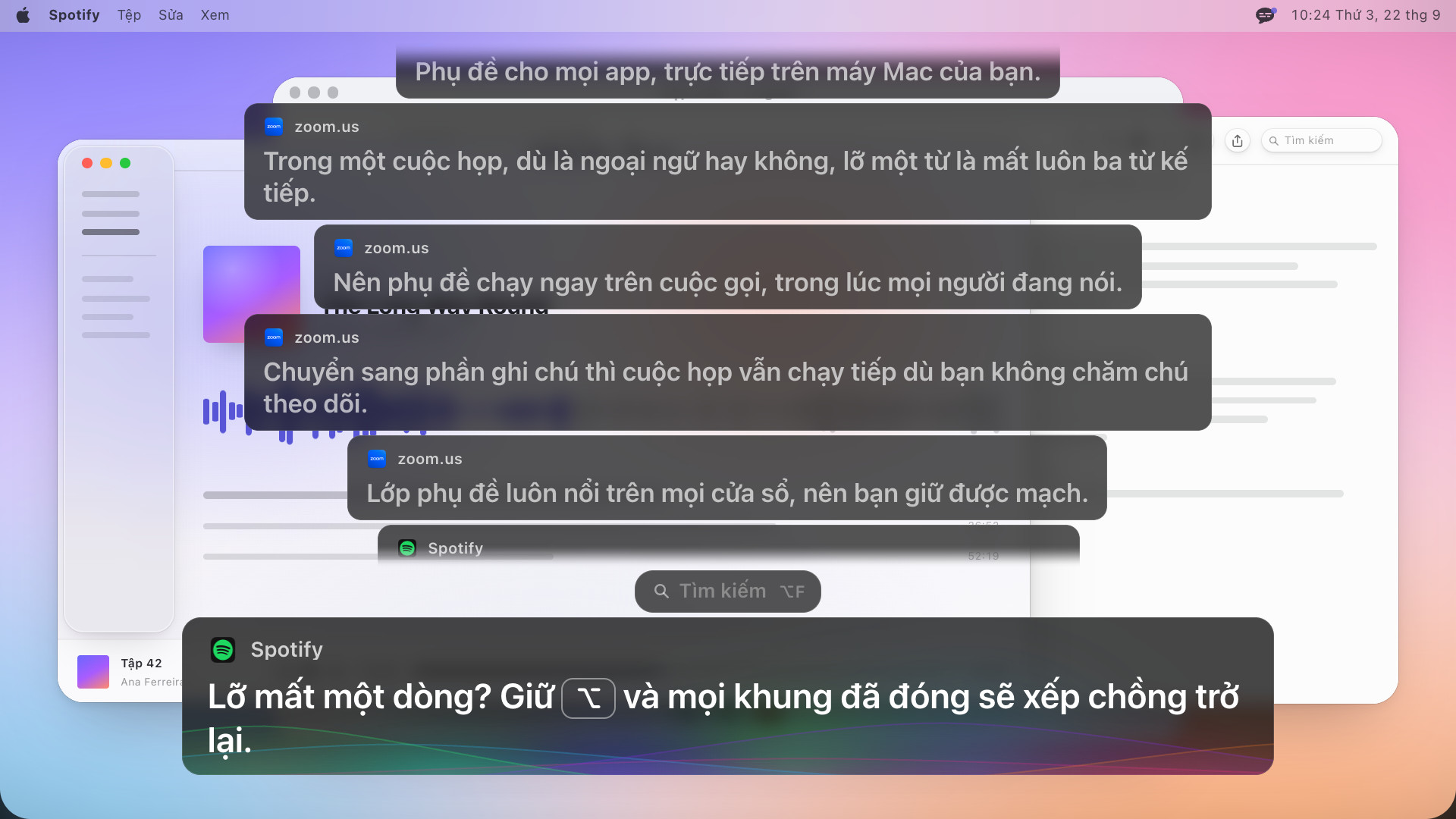 Bốn khung phụ đề trước đó xếp chồng trên khung hiện tại, khung trên cùng đang mờ dần, khung mới nhất ghi bằng tiếng Anh: Missed a line? Hold Option to rewind: every caption that closed stacks back up